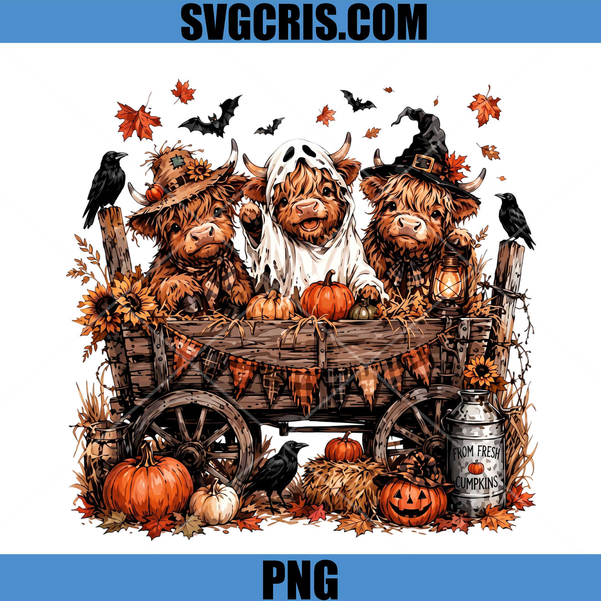 Highland Cow Halloween PNG, Cute Pumpkin Wagon Autumn PNG