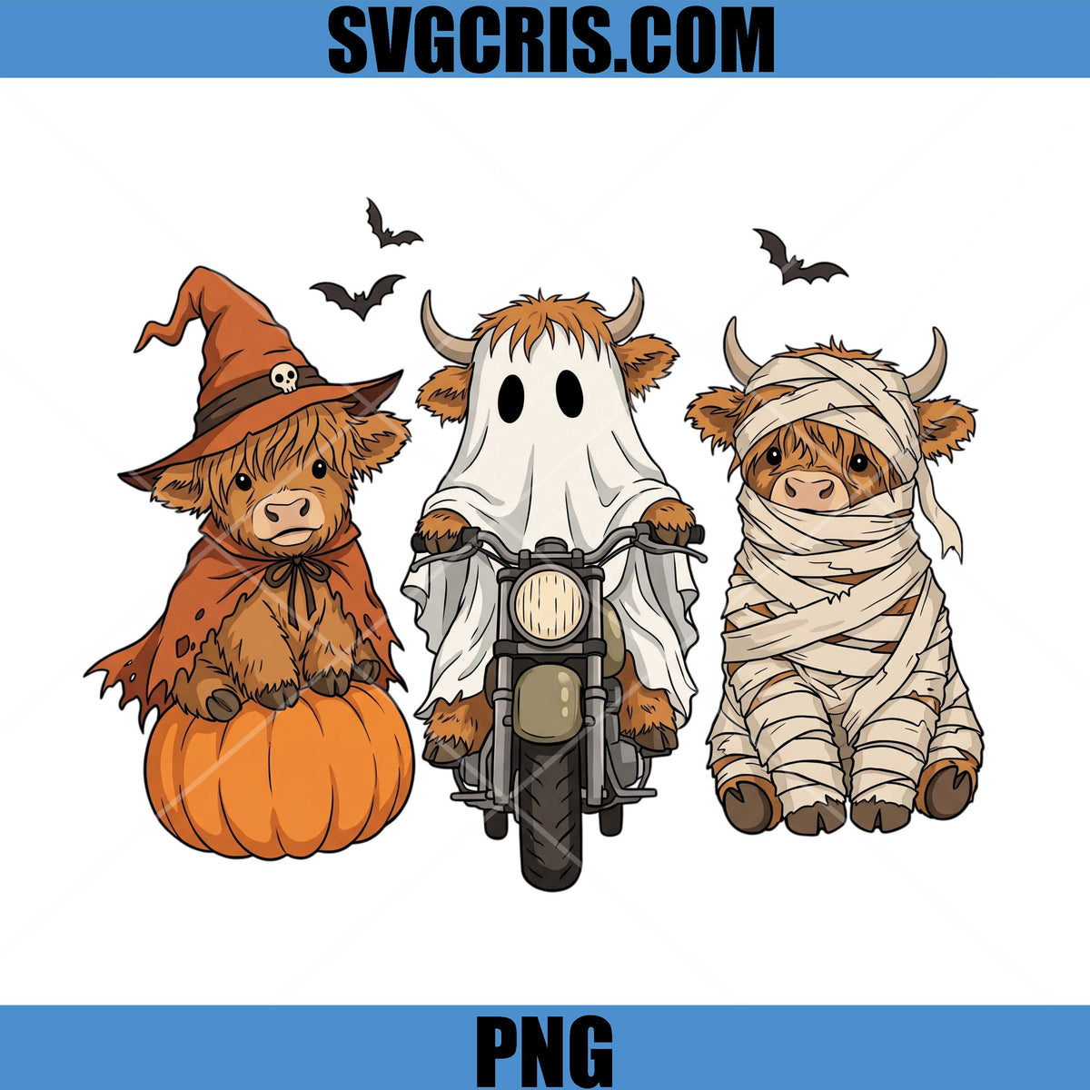 Spooky Highland Cow PNG, Halloween Witch Ghost Mummy PNG