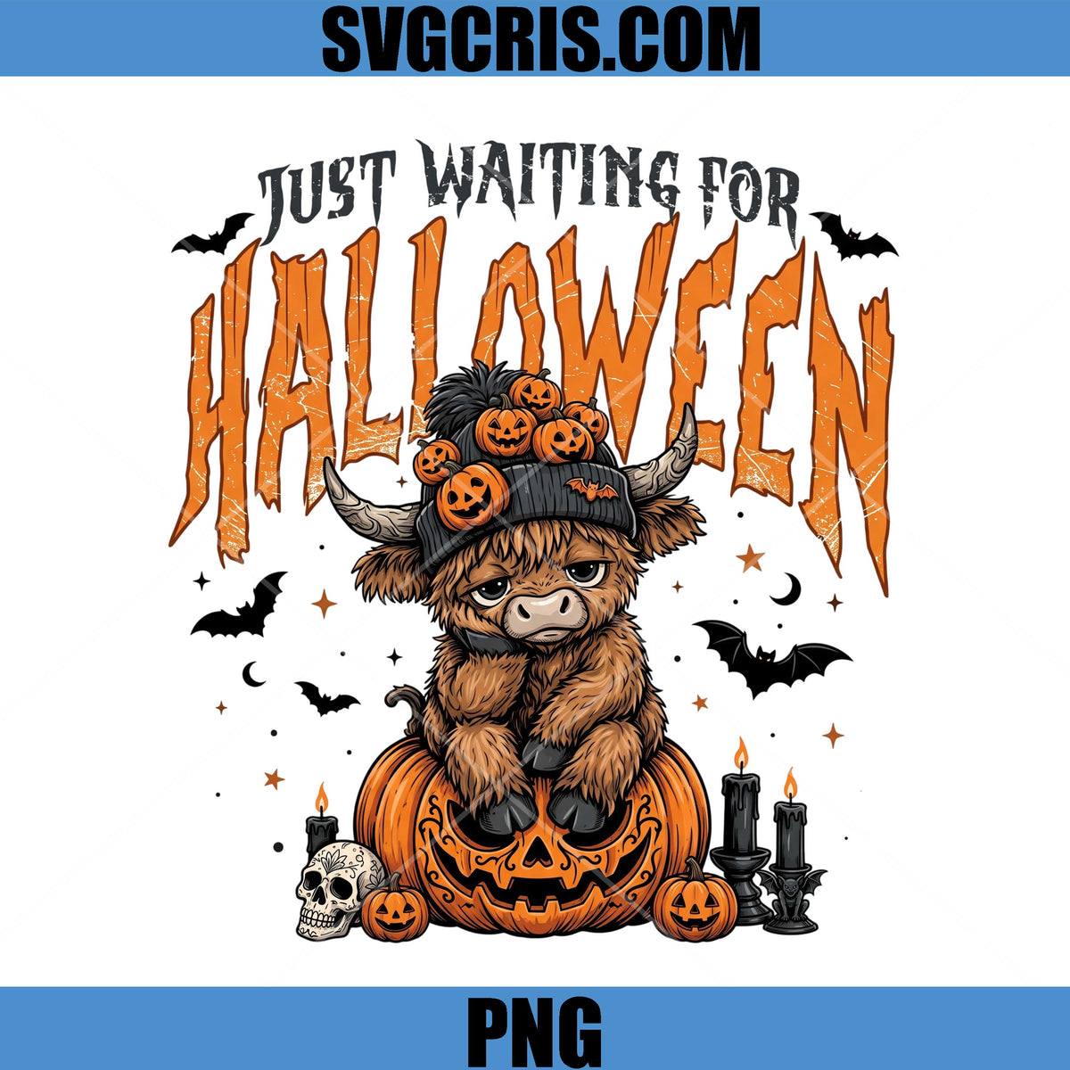 Just Waiting For Halloween Cow PNG, Highland Cow Pumpkin Art PNG