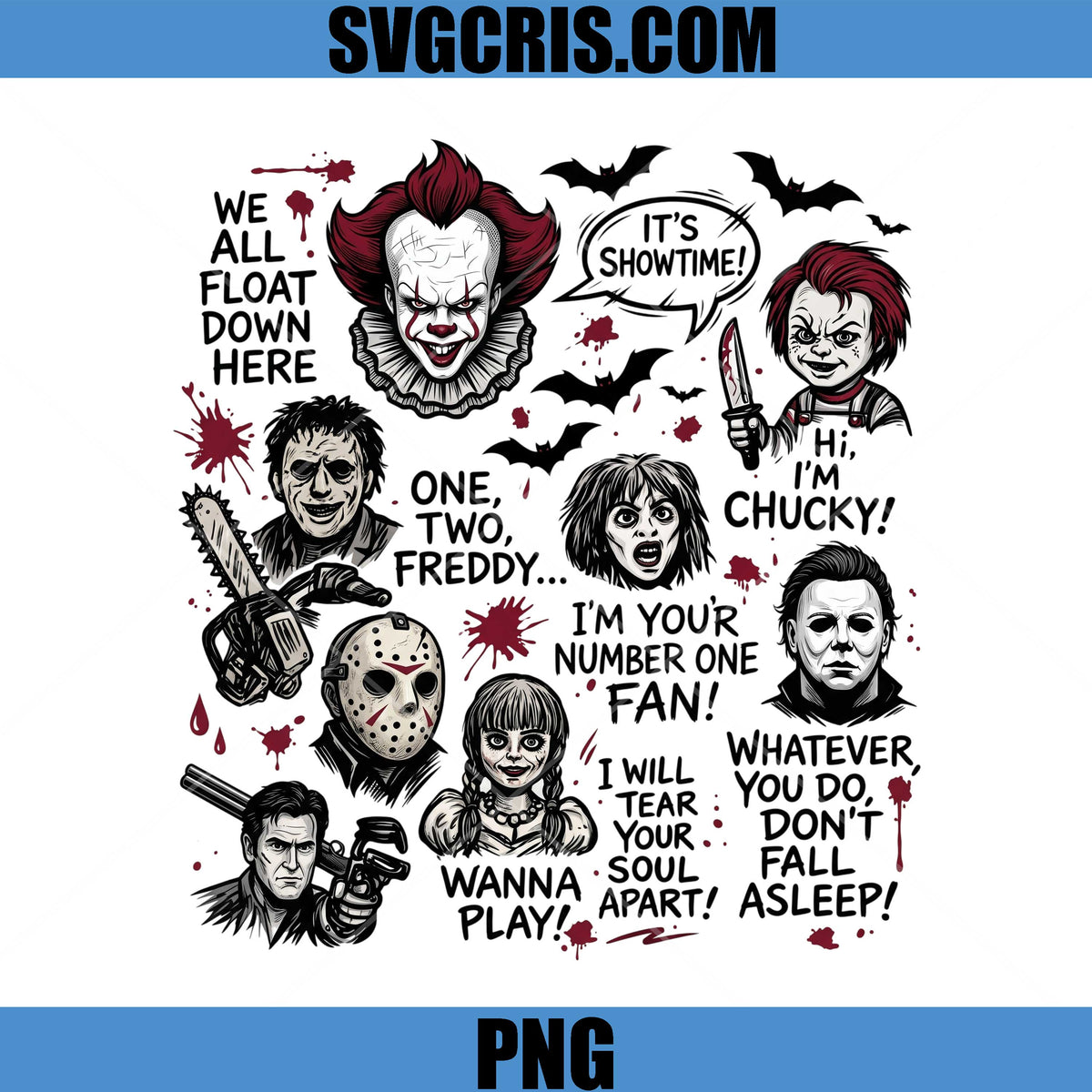 Pennywise Chucky Halloween PNG, Horror Villains Art PNG