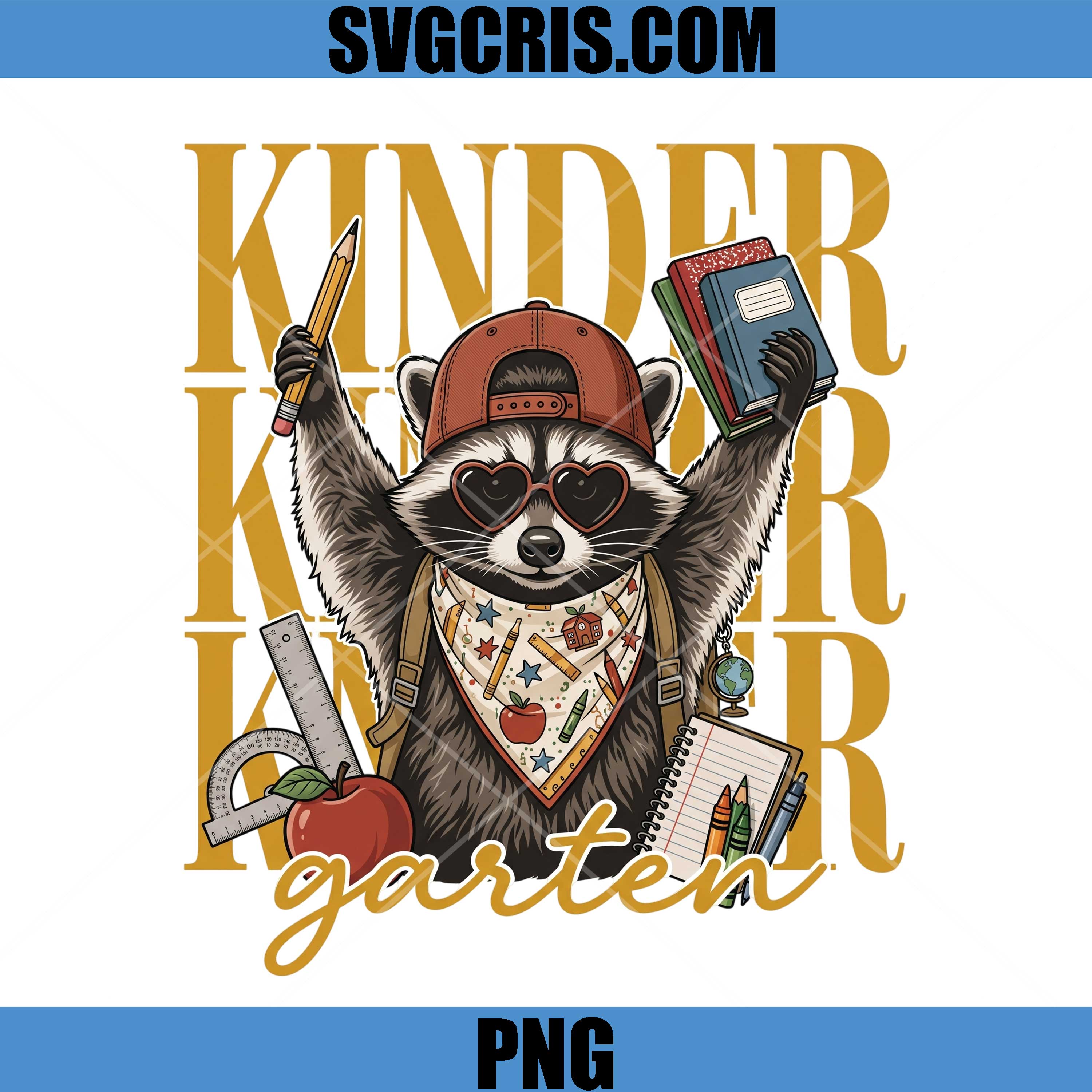 Kinder Garten Raccoon PNG, Cute Raccoon Back To School PNG