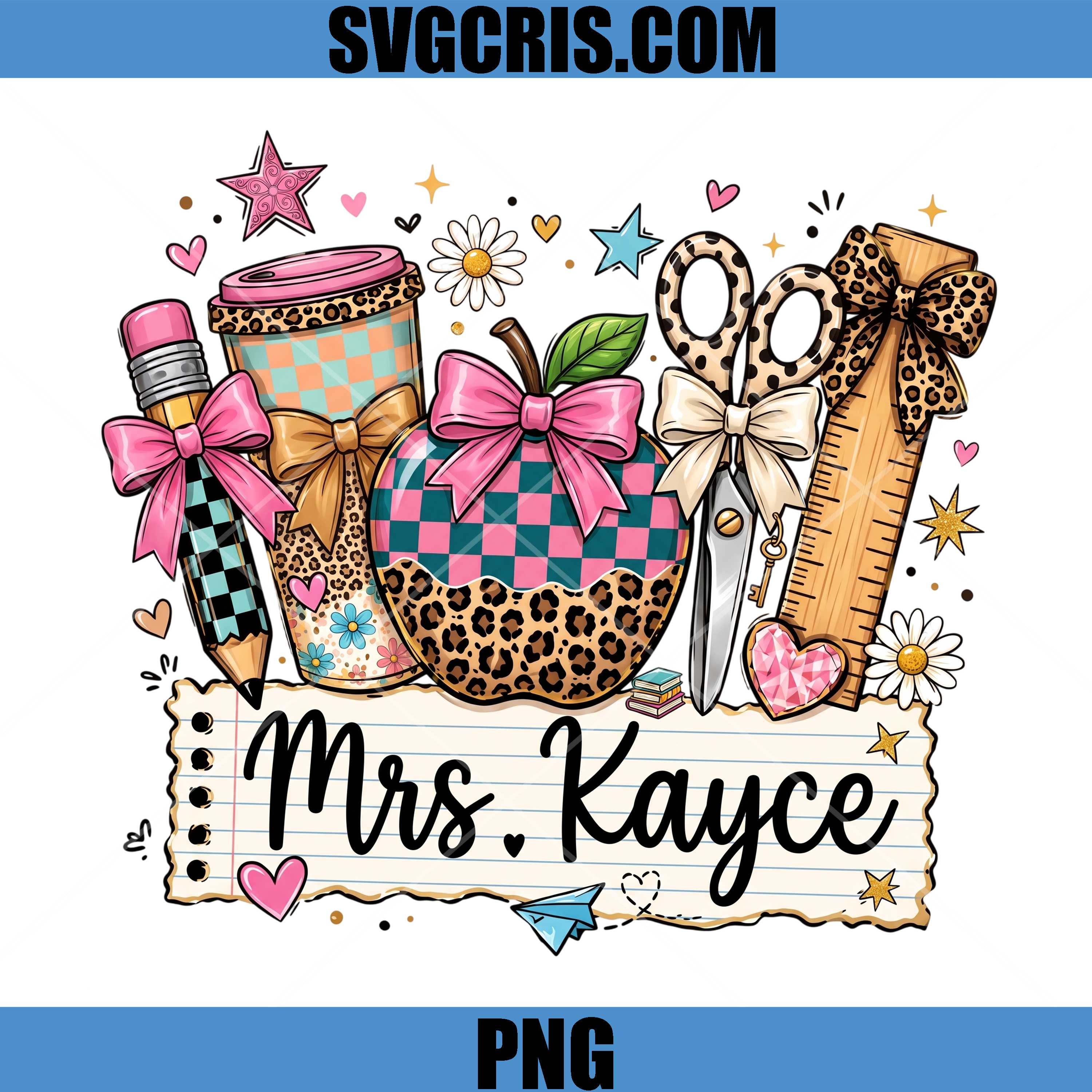 Mrs Kayce Teacher PNG, Cute School Supplies Apple Bow PNG