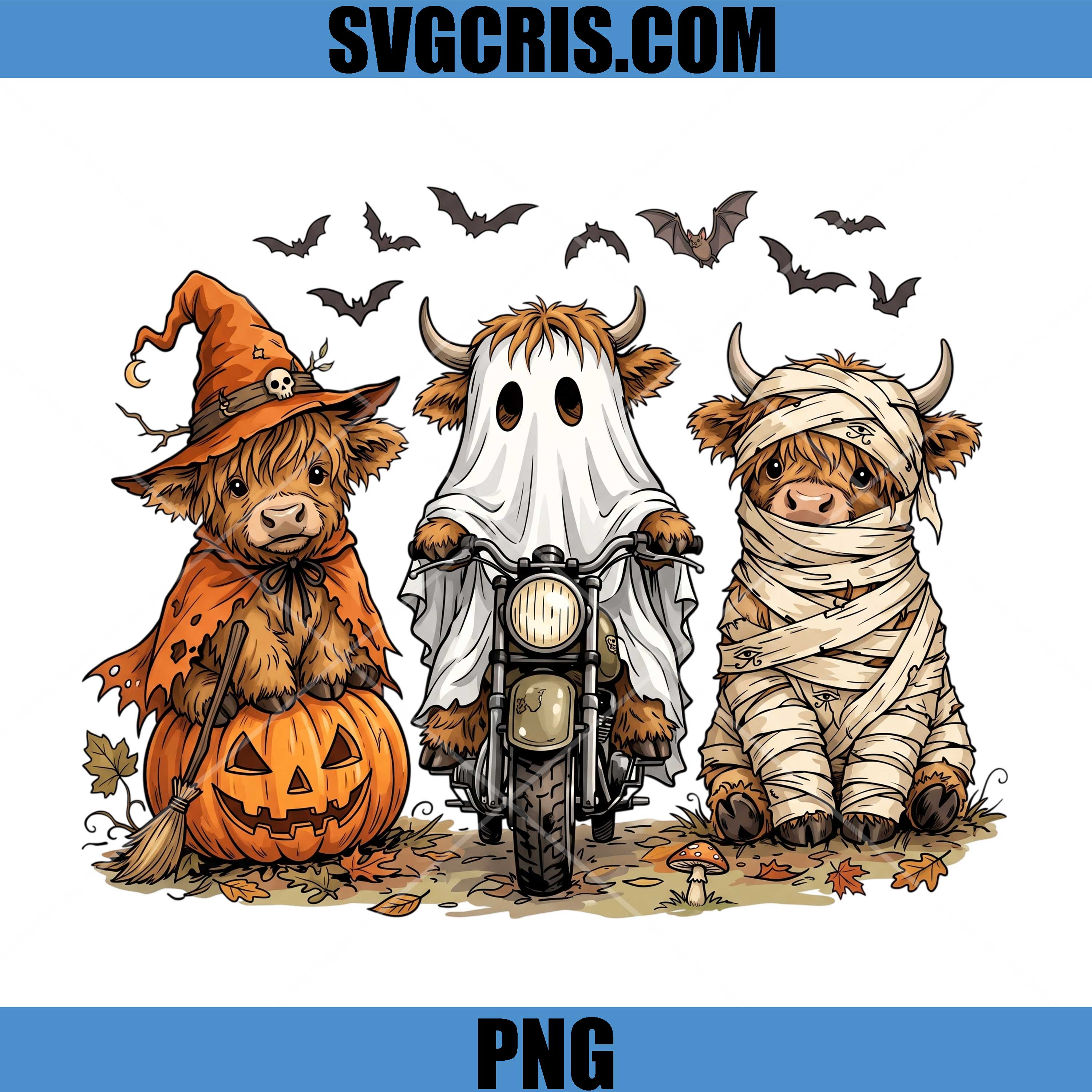 Highland Cow Halloween Trio PNG, Ghost Witch Mummy Cow PNG