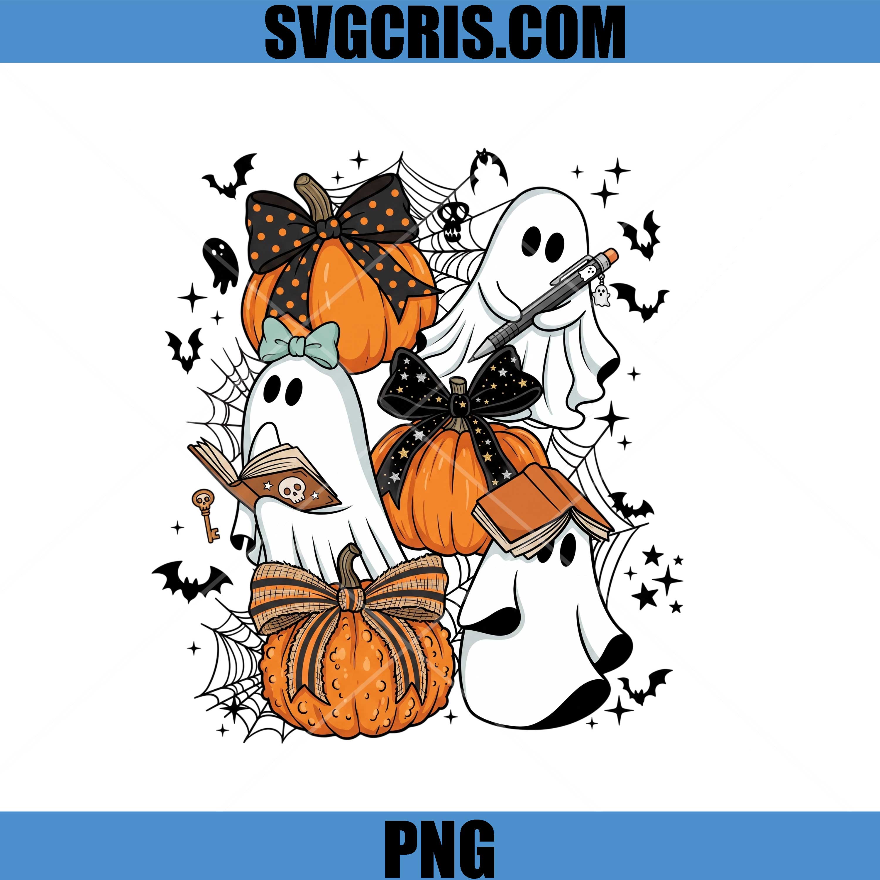 Cute Ghost Reading Books PNG, Halloween Pumpkin Stack PNG