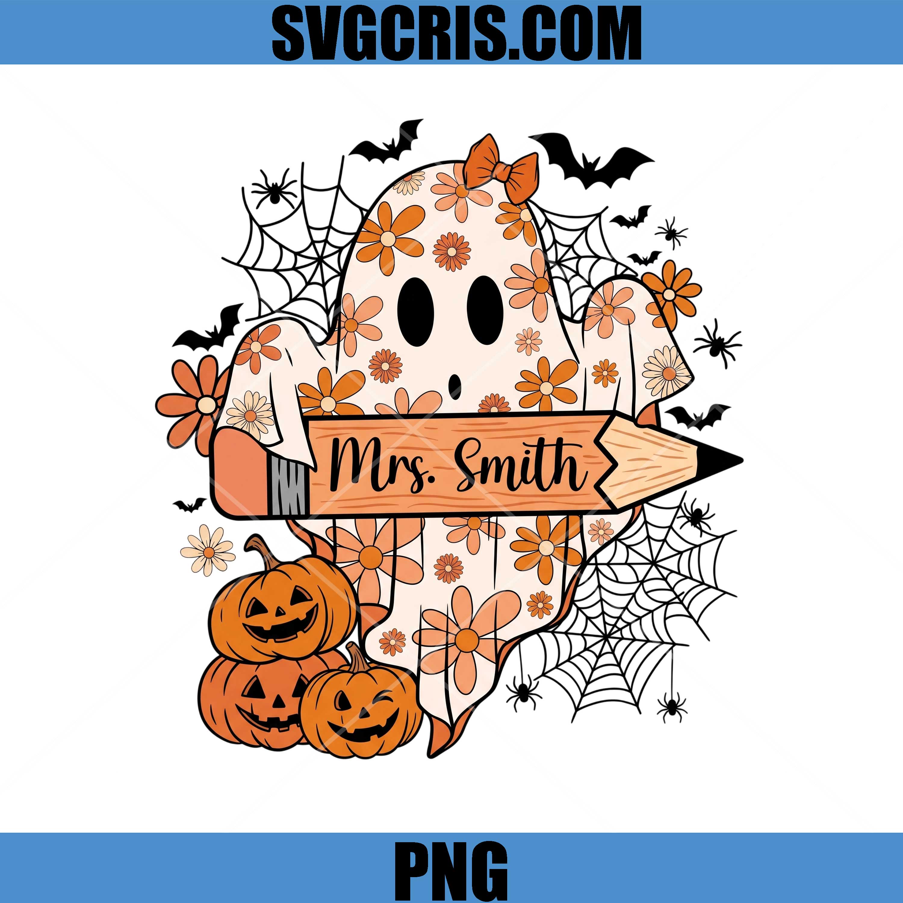 Floral Ghost Mrs. Smith PNG, Cute Halloween Teacher PNG