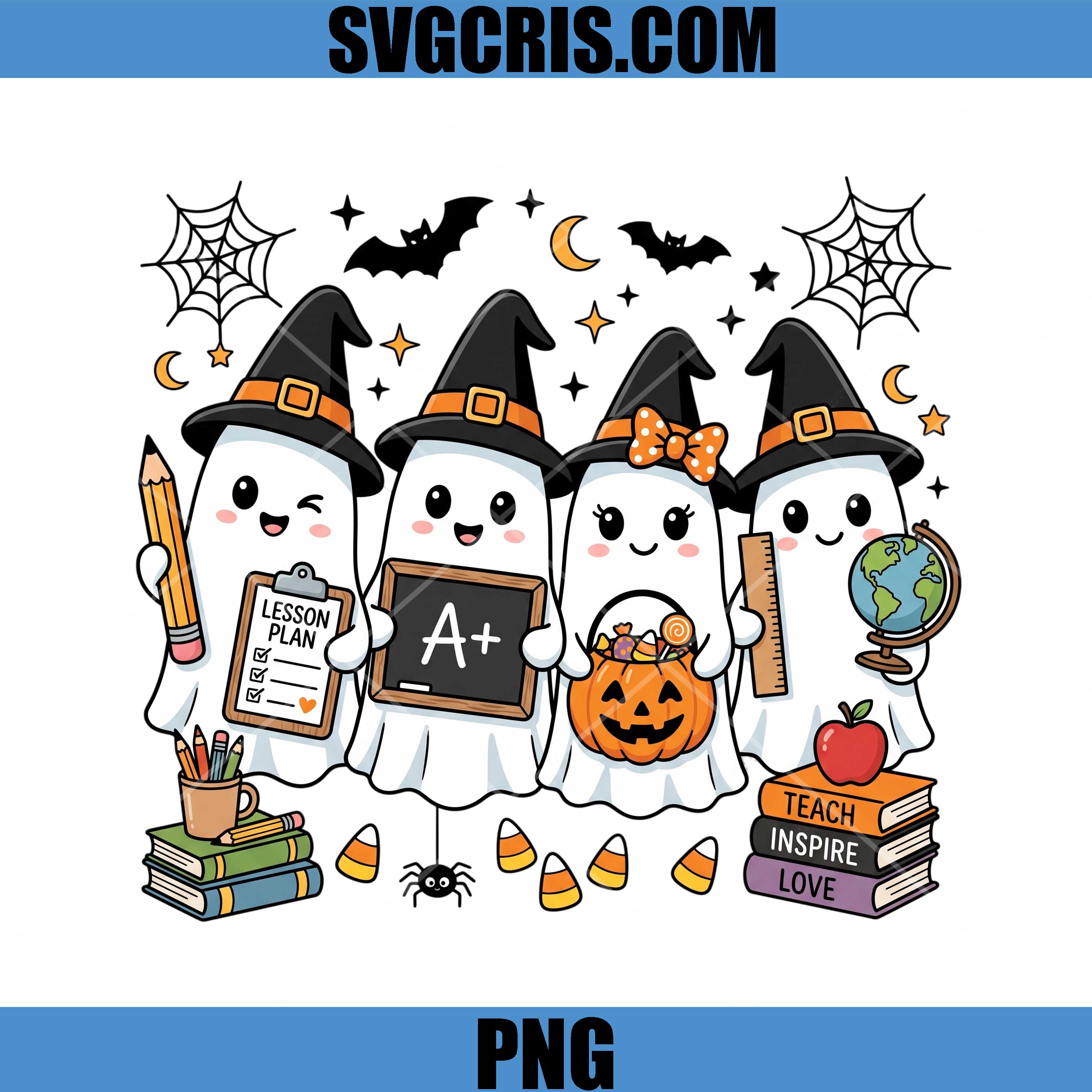 Cute Ghost Teacher Team PNG, Halloween School Crew PNG