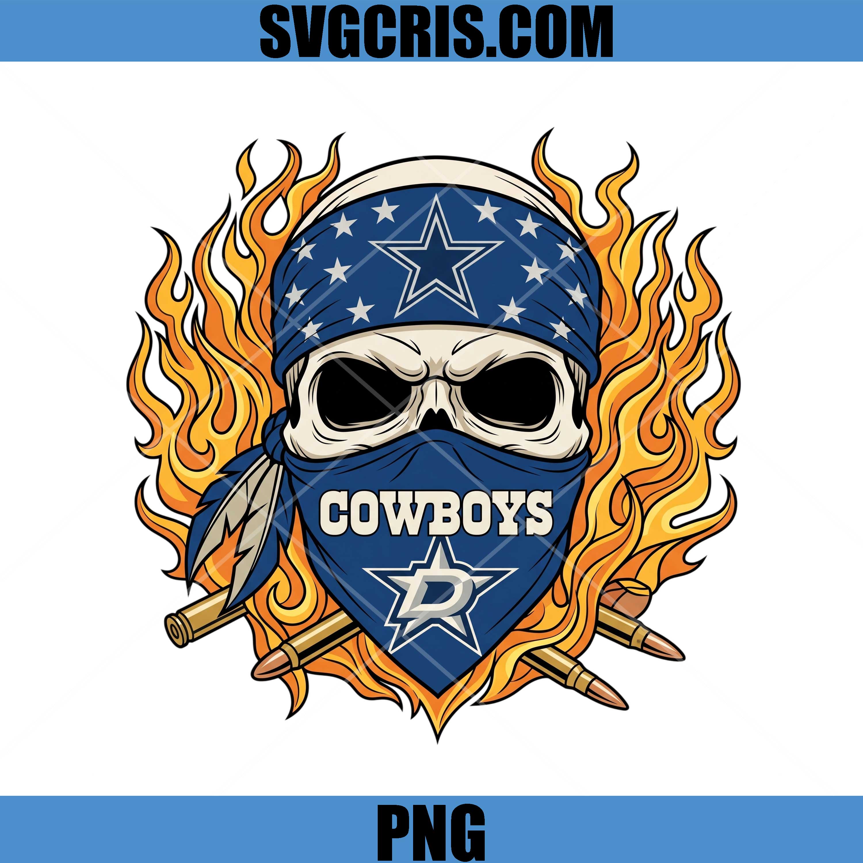 Dallas Cowboys Skull Bandana PNG, Flaming Cowboys Fan Design PNG