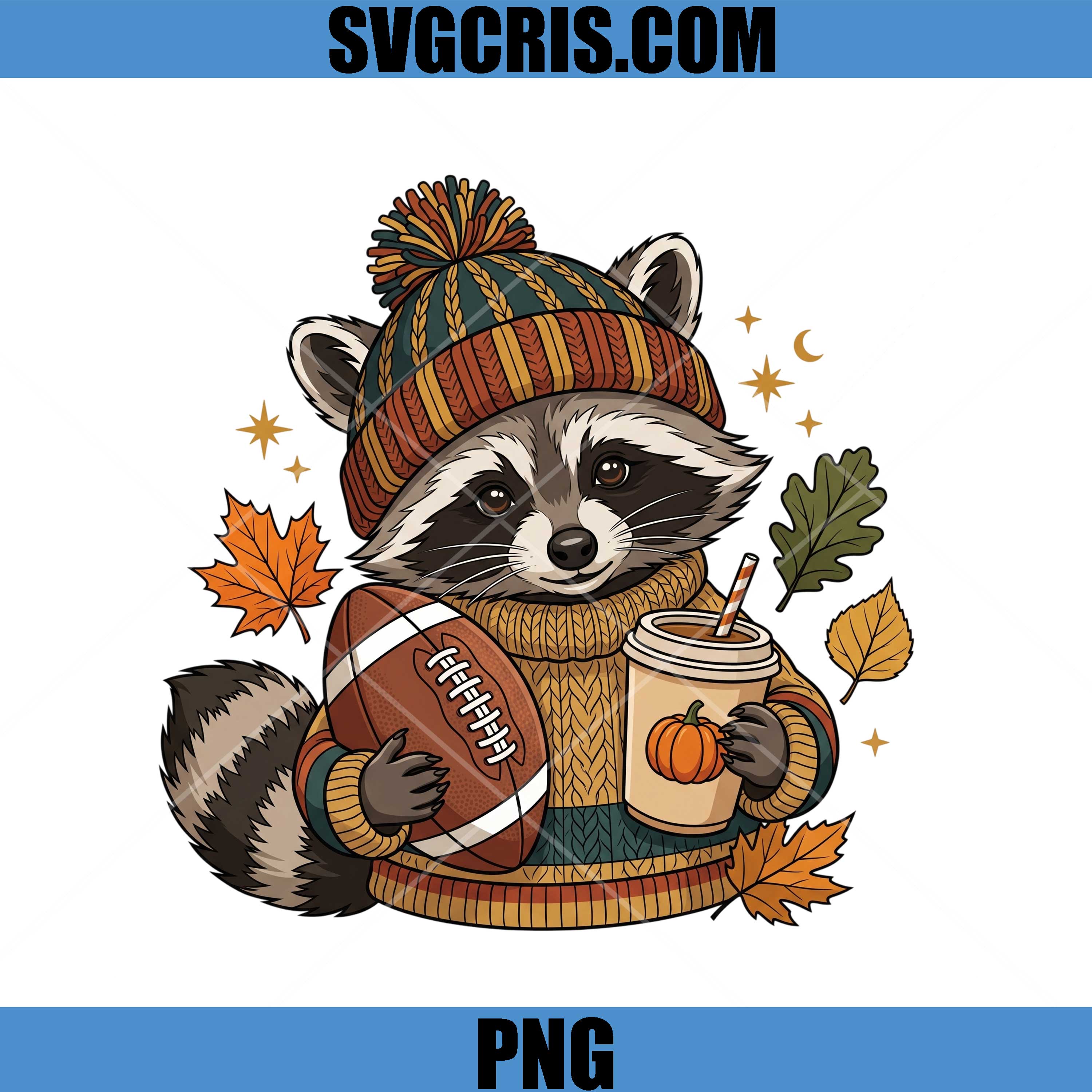 Pumpkin Coffee Raccoon PNG, Cozy Football Season PNG