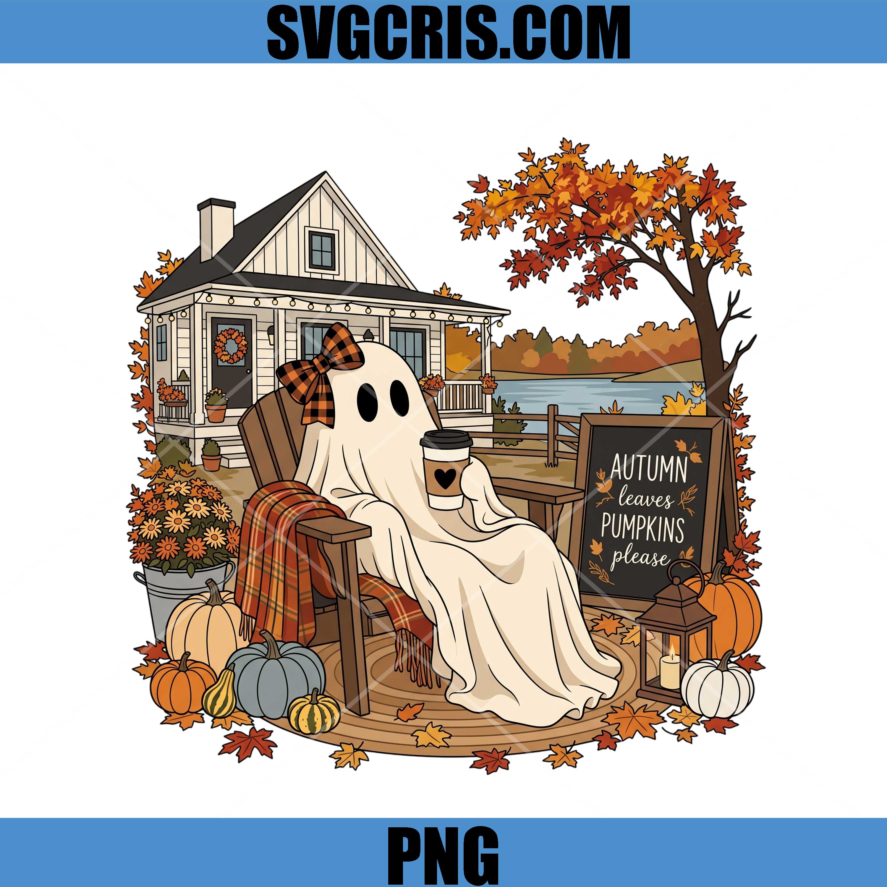 Autumn Ghost Coffee Lover PNG, Fall Leaves Pumpkins Please PNG