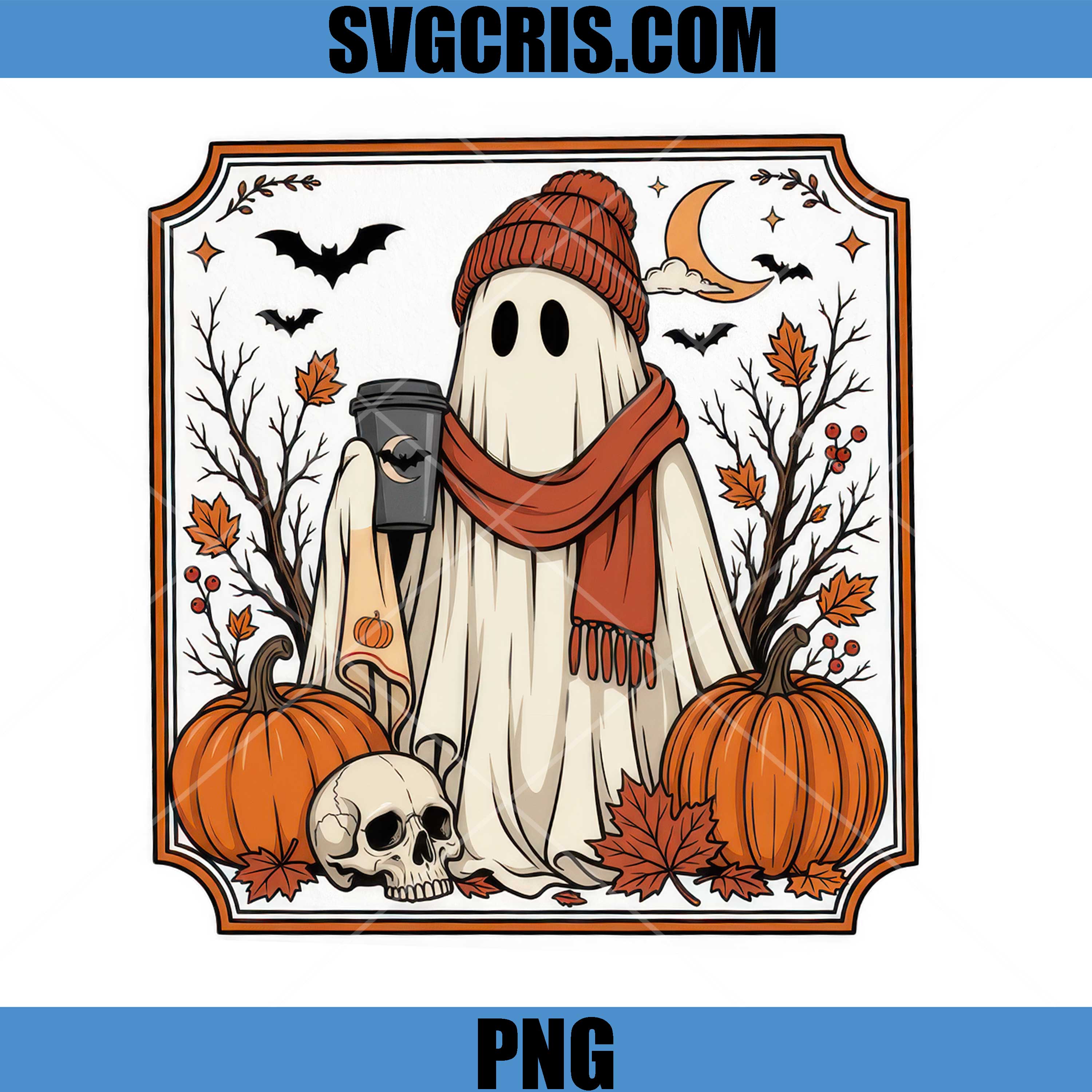 Cozy Halloween Ghost Coffee PNG, Fall Pumpkin Spooky Season PNG