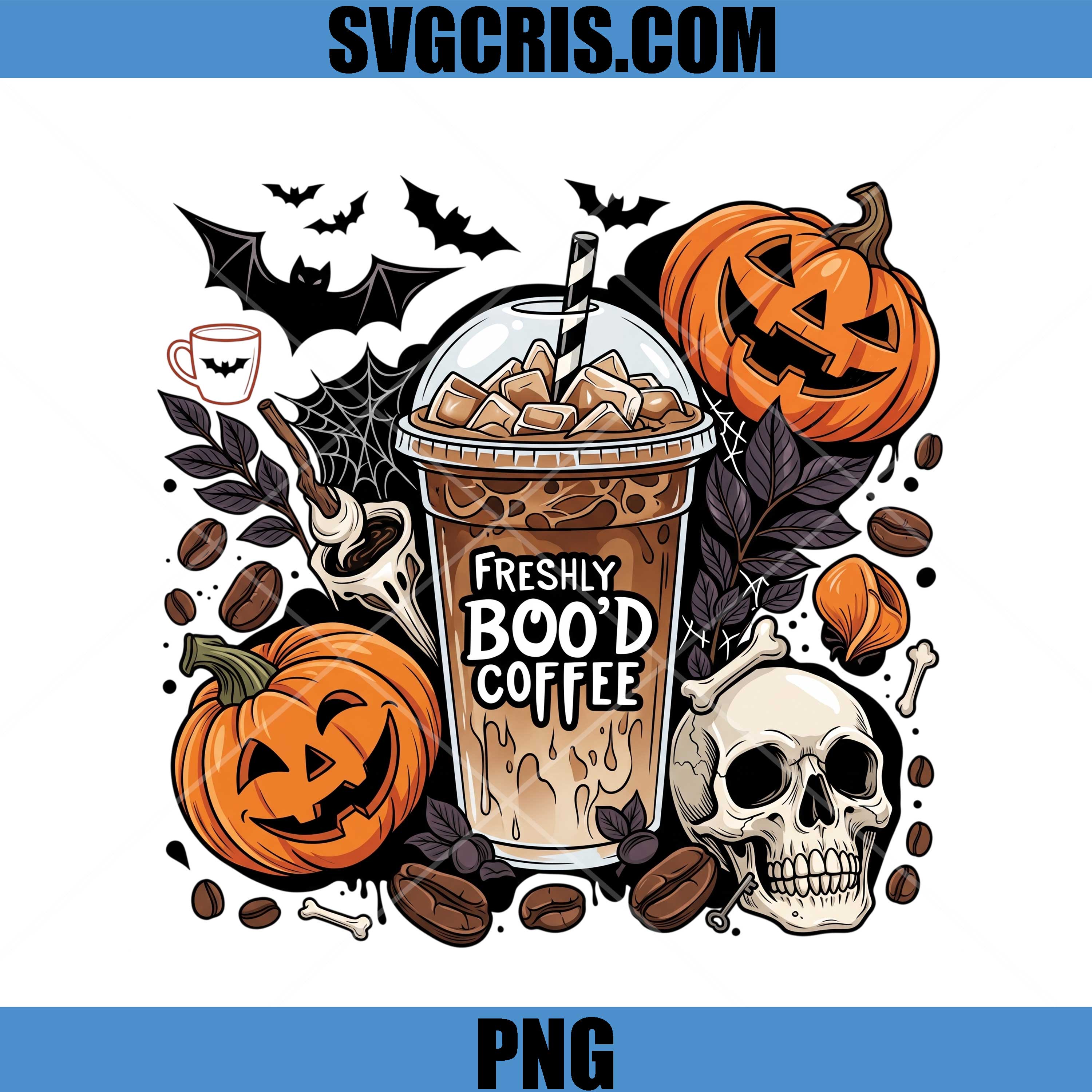Freshly Boo’d Coffee Halloween PNG, Spooky Pumpkin Skull PNG