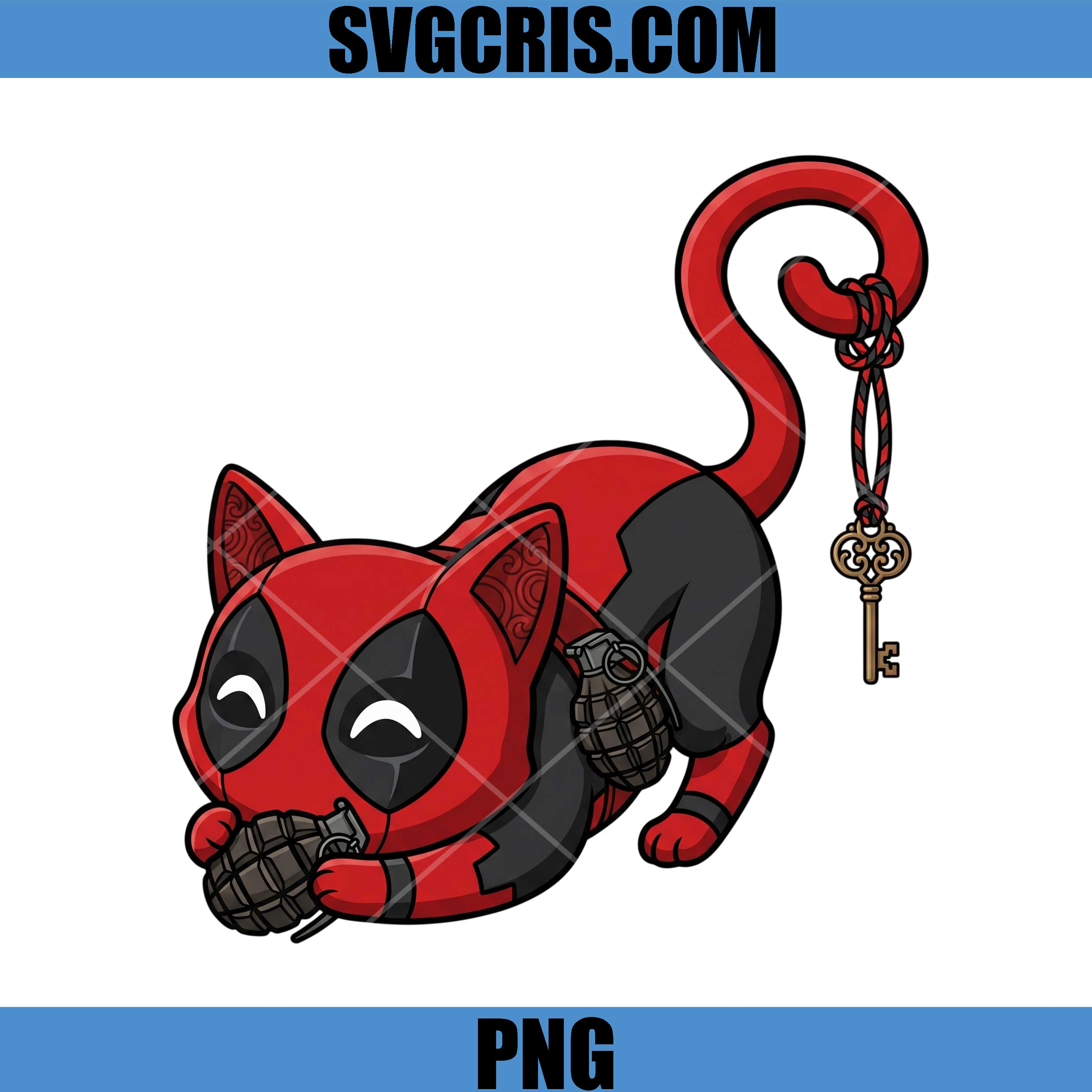 Deadpool Cat With Grenades PNG, Cute Deadpool Cat Key Tail PNG