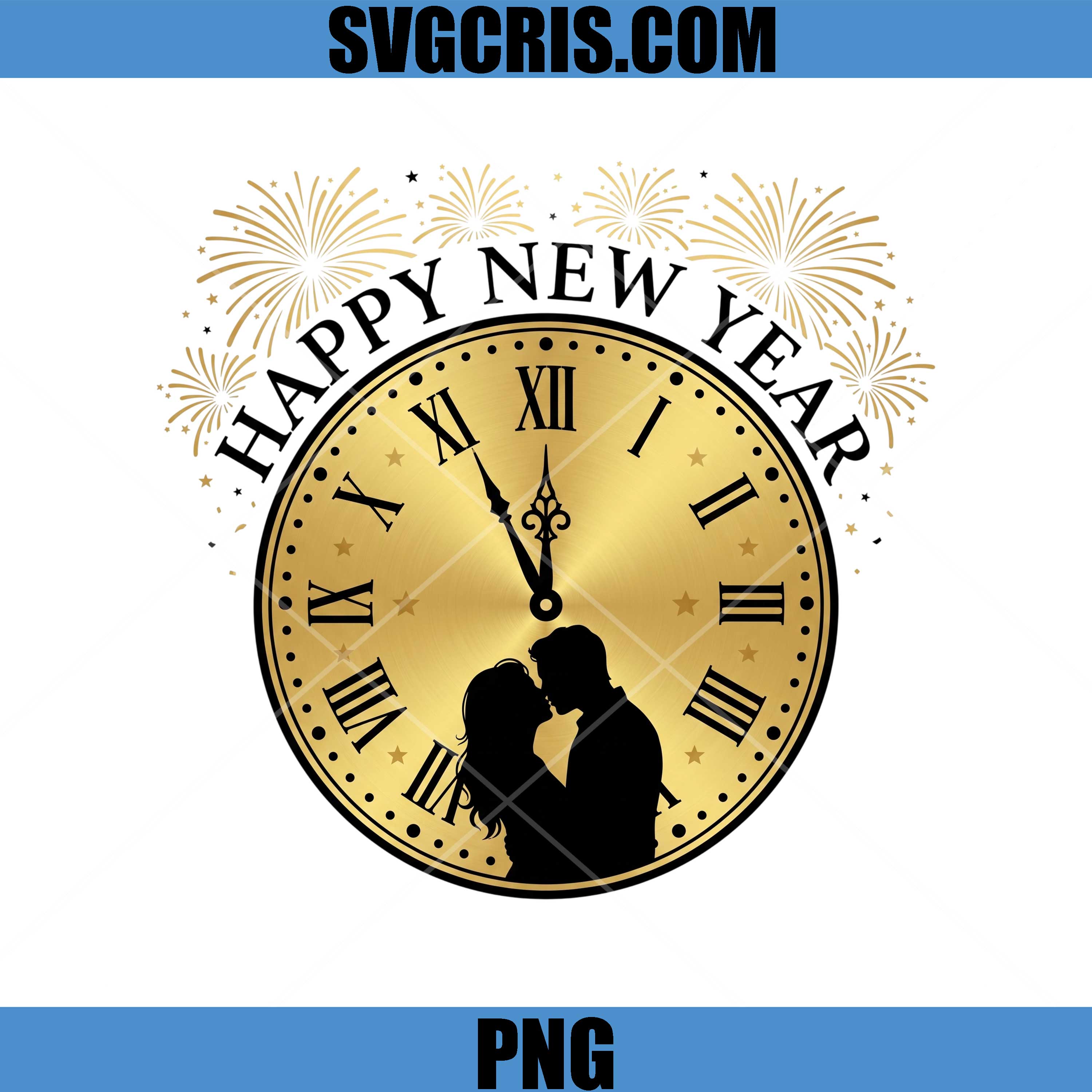 Happy New Year Fireworks PNG, Golden Clock Design PNG