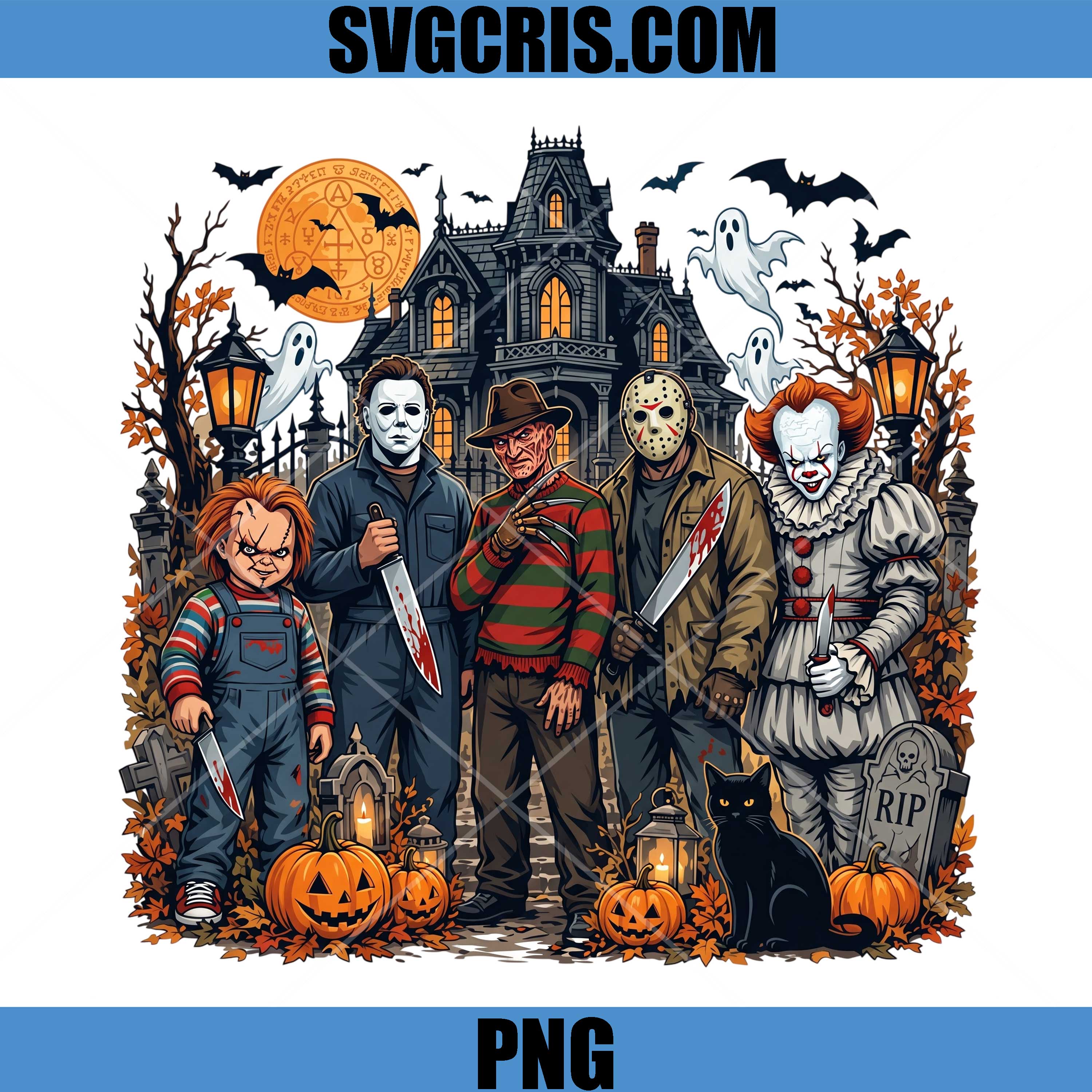 Slasher Movie Villains PNG, Freddy Chucky Horror Cast PNG