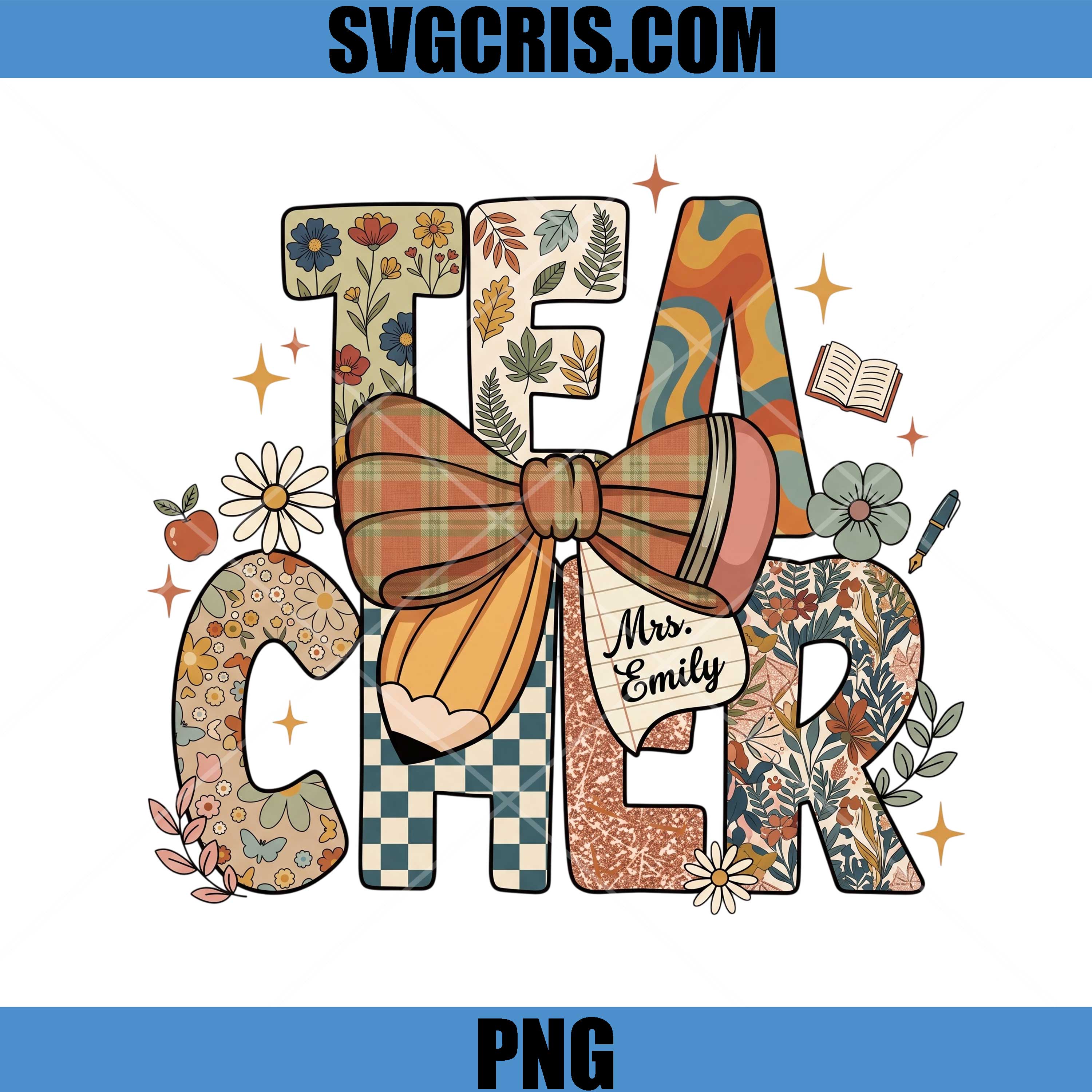 Retro Tea Cher Bow PNG, Personalized Teacher Name PNG