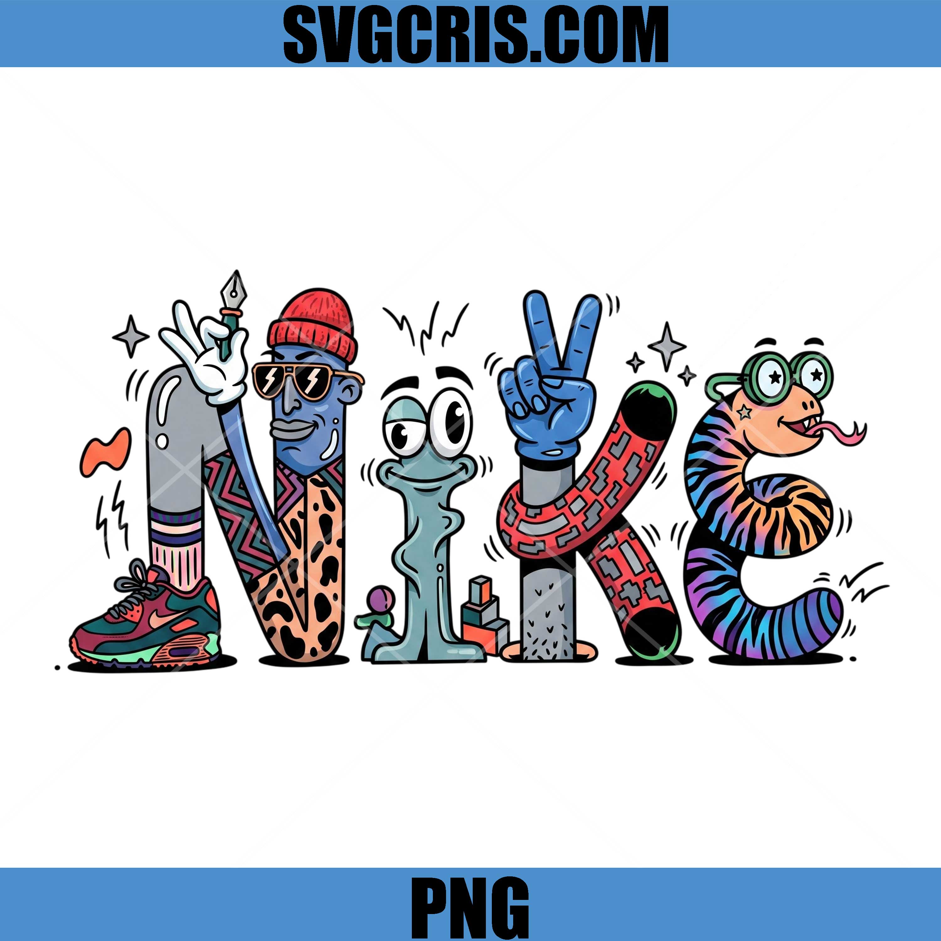 Nike Cartoon Letter Art PNG, Funny Sneaker Typography Design PNG