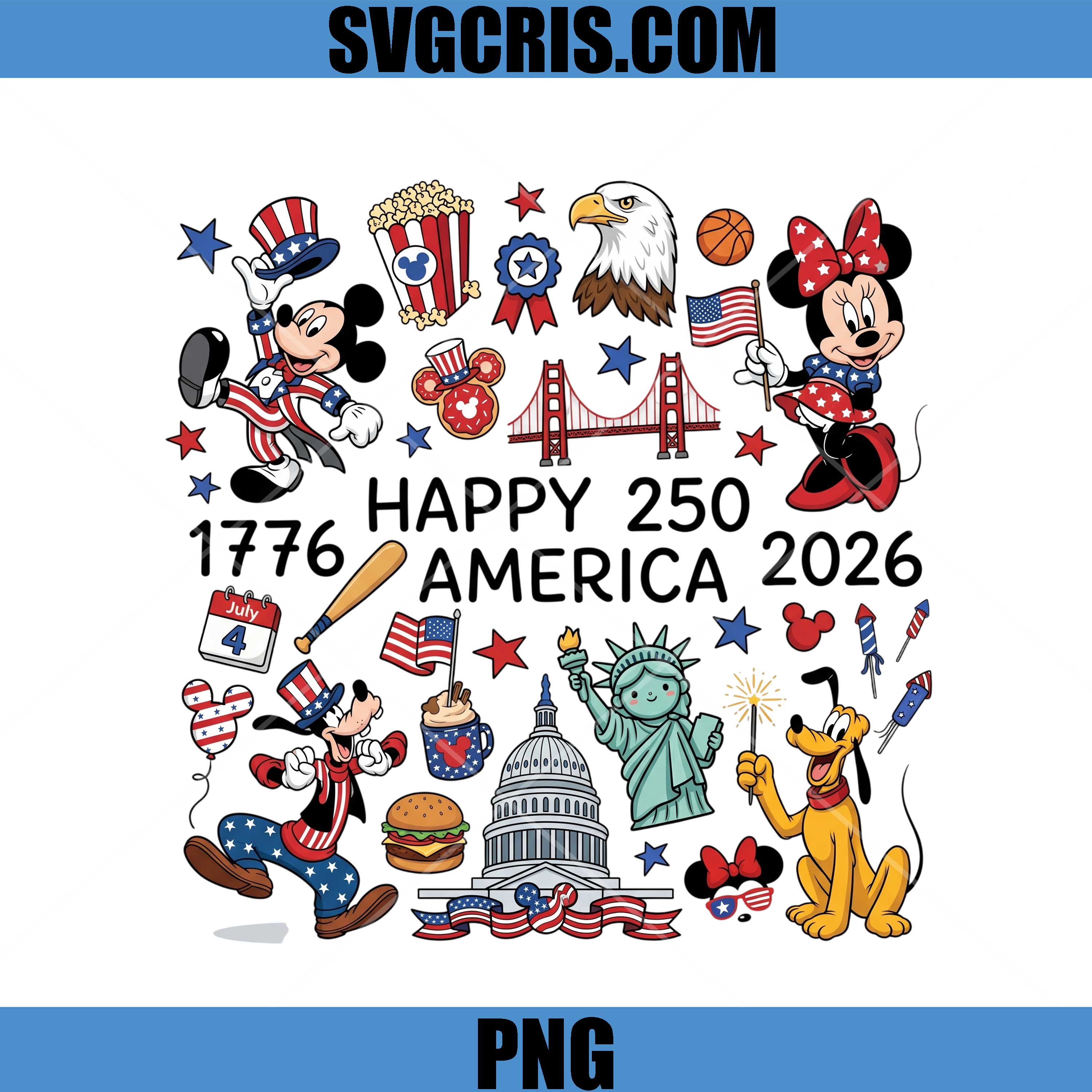 Happy 250 America 1776 2026 Mickey PNG, Patriotic Mickey Mouse USA PNG