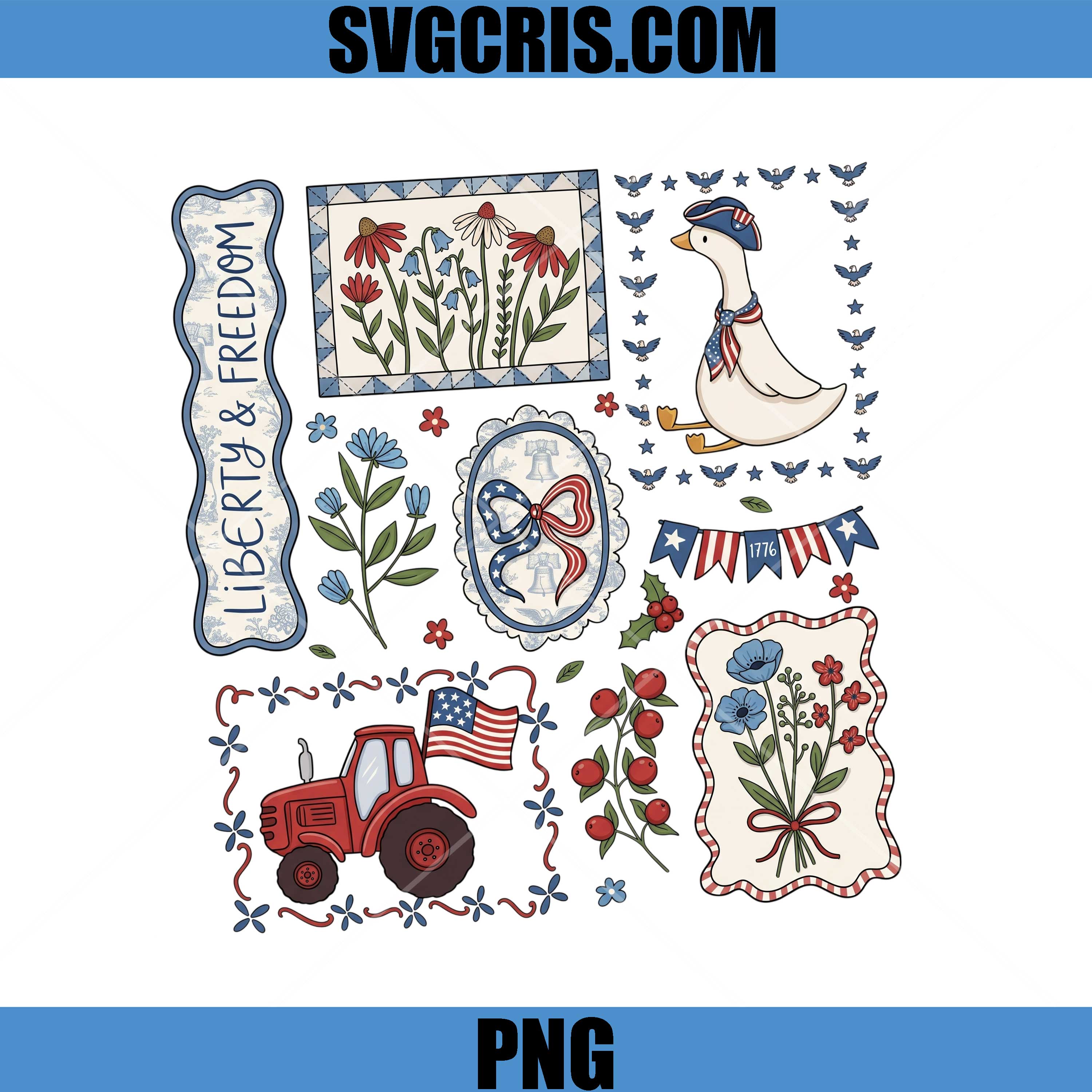Liberty And Freedom Farmhouse PNG, Americana Floral Art PNG