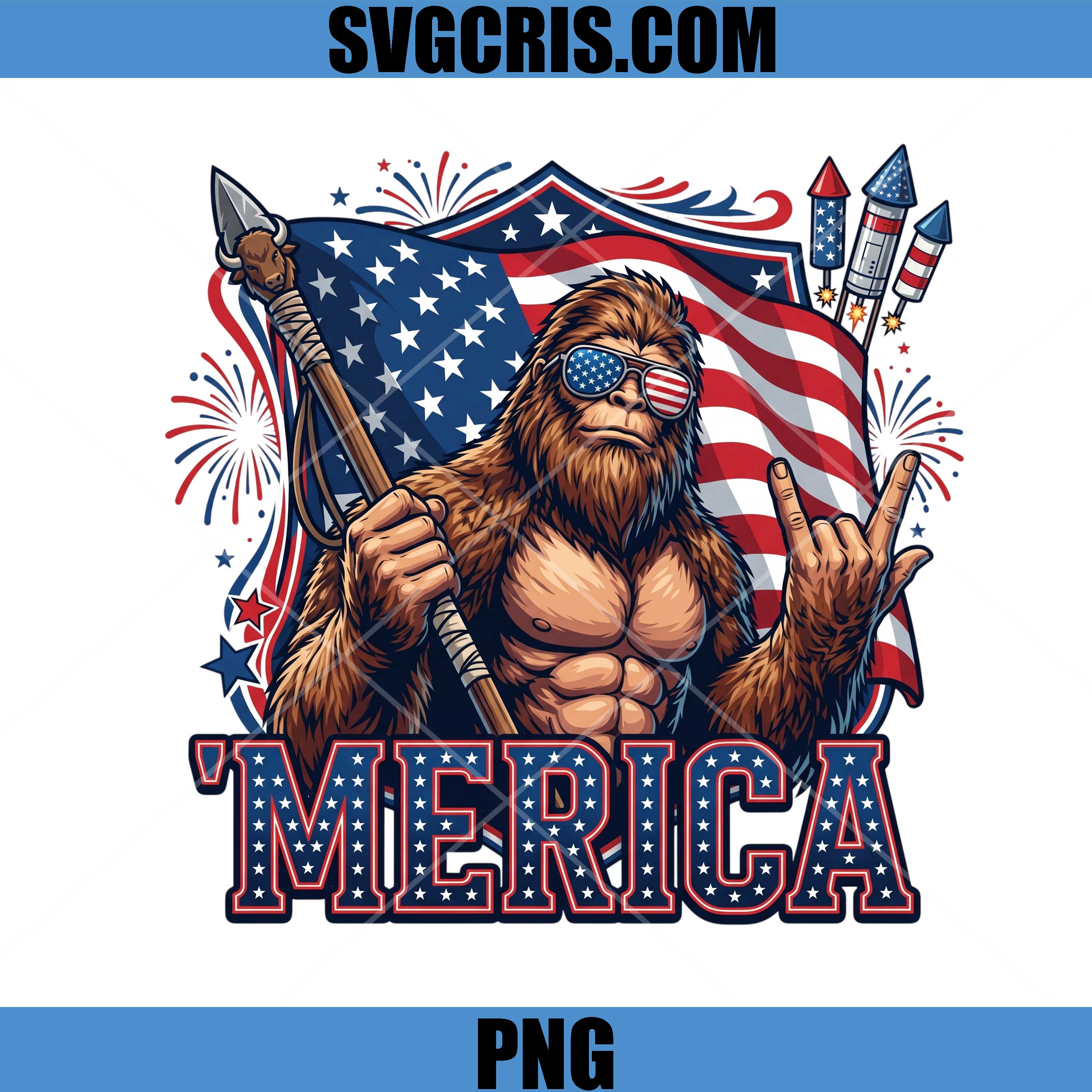 Merica Bigfoot Design PNG, USA Fireworks Sasquatch PNG