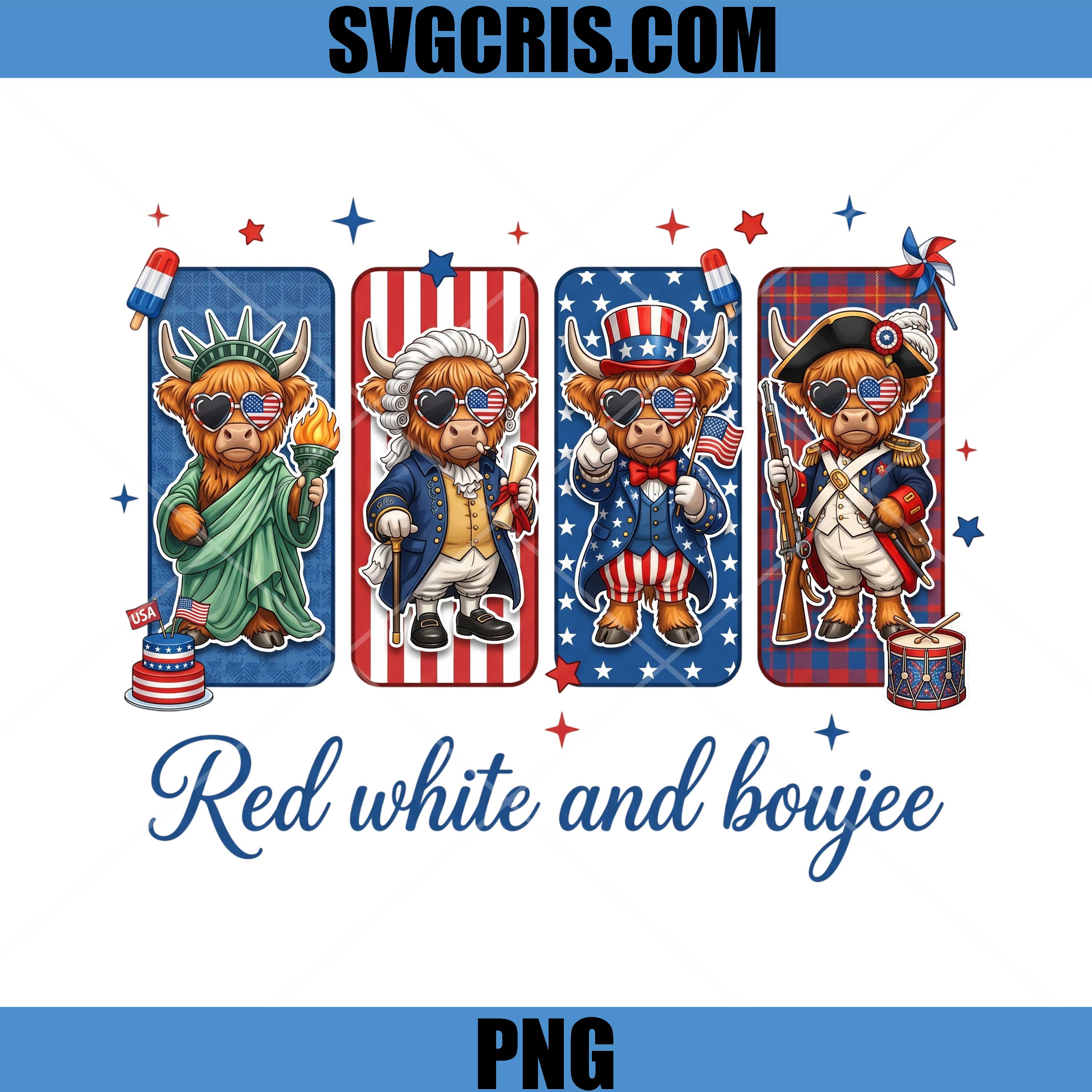 Red White And Boujee PNG, Patriotic Highland Cow PNG