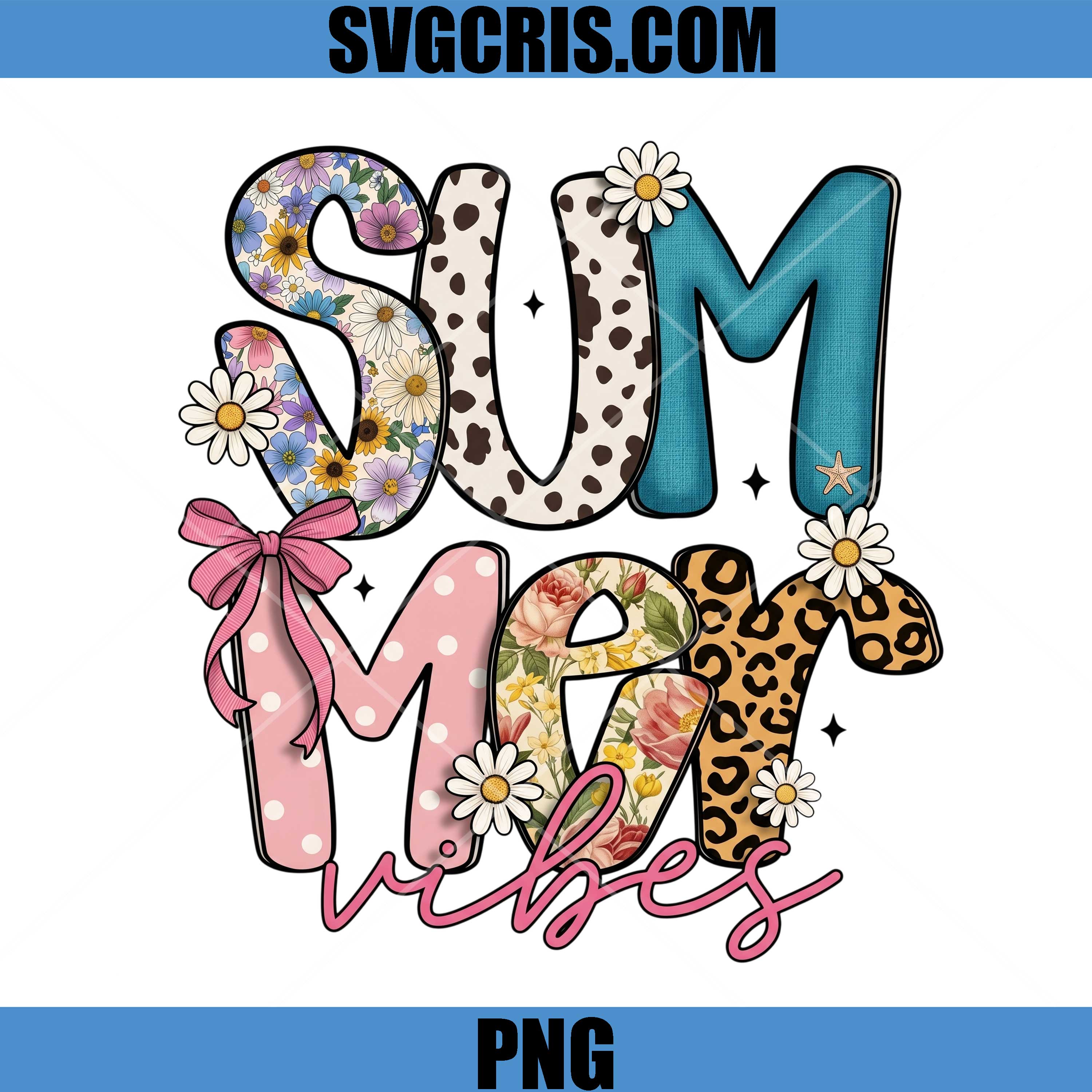 Summer Vibes Floral Leopard Pattern PNG, Cute Daisy Bow Summer PNG