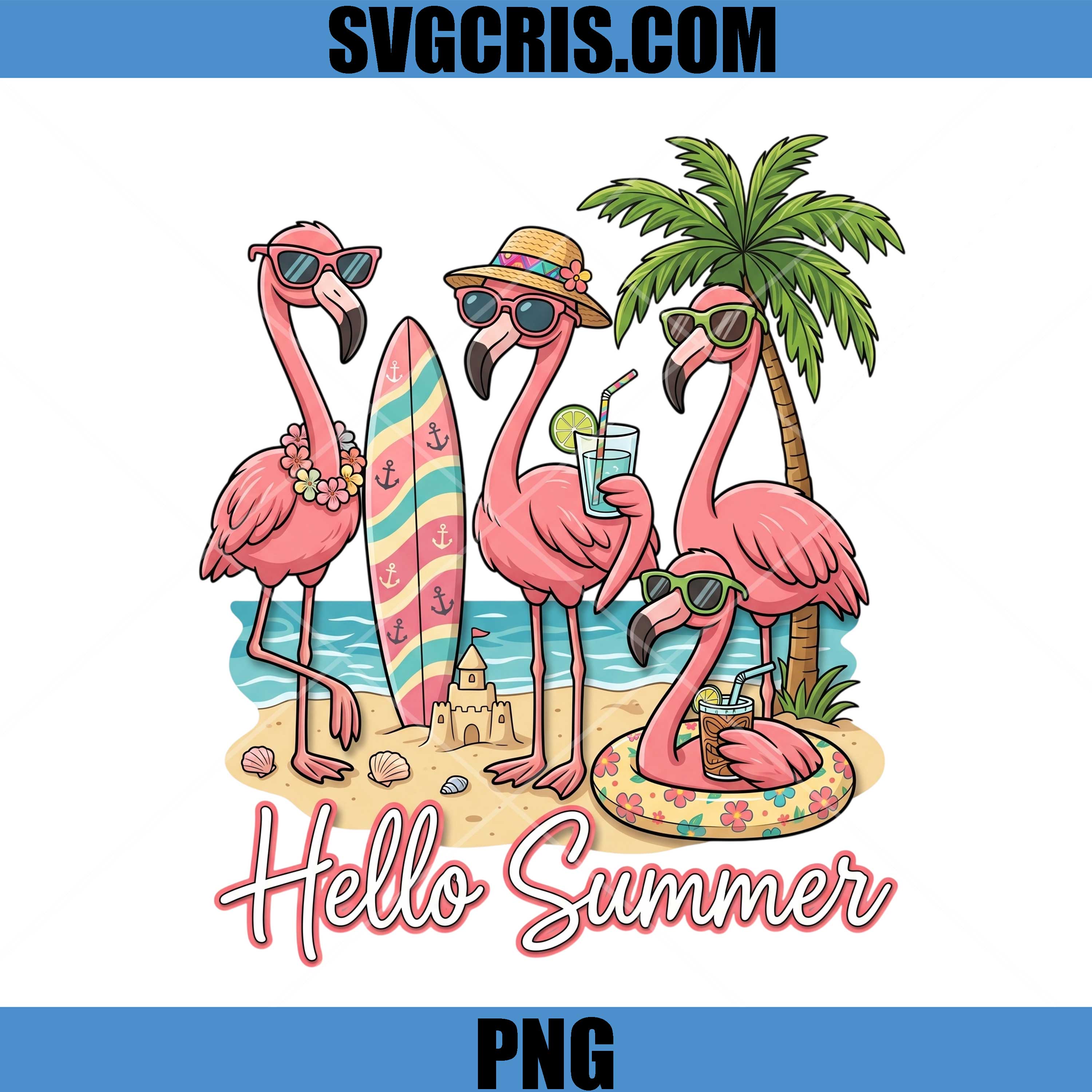 Hello Summer PNG, Flamingo Beach Party PNG, Tropical Flamingo Summer PNG