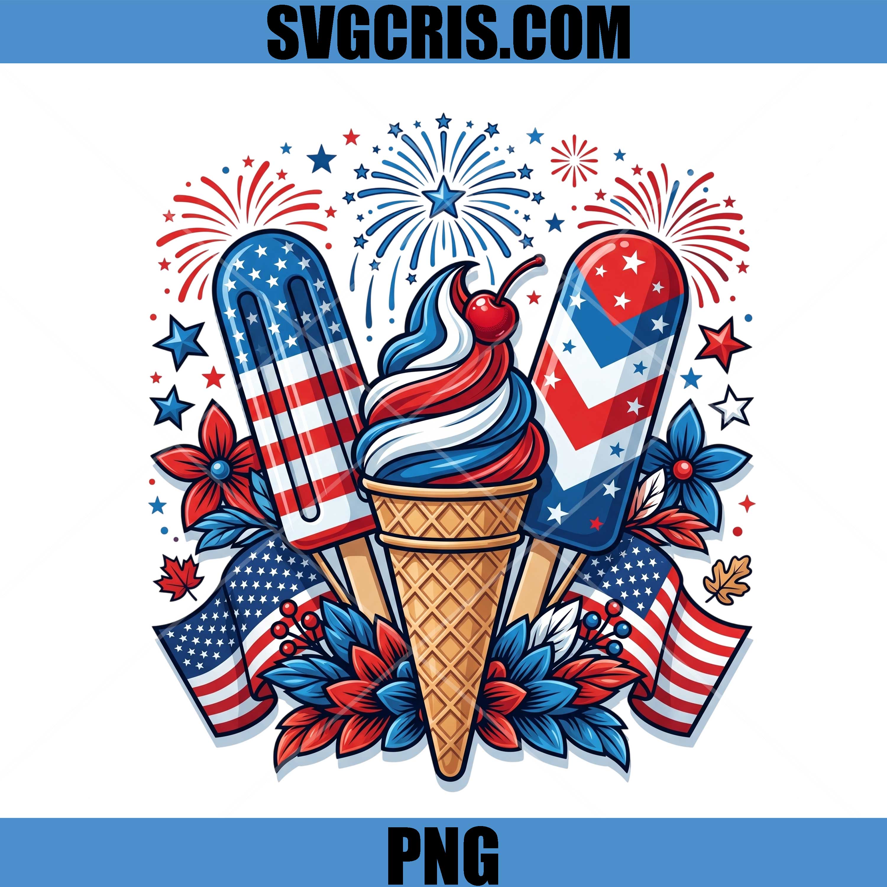 Patriotic Ice Cream Cone PNG, Fourth Of July Dessert PNG
