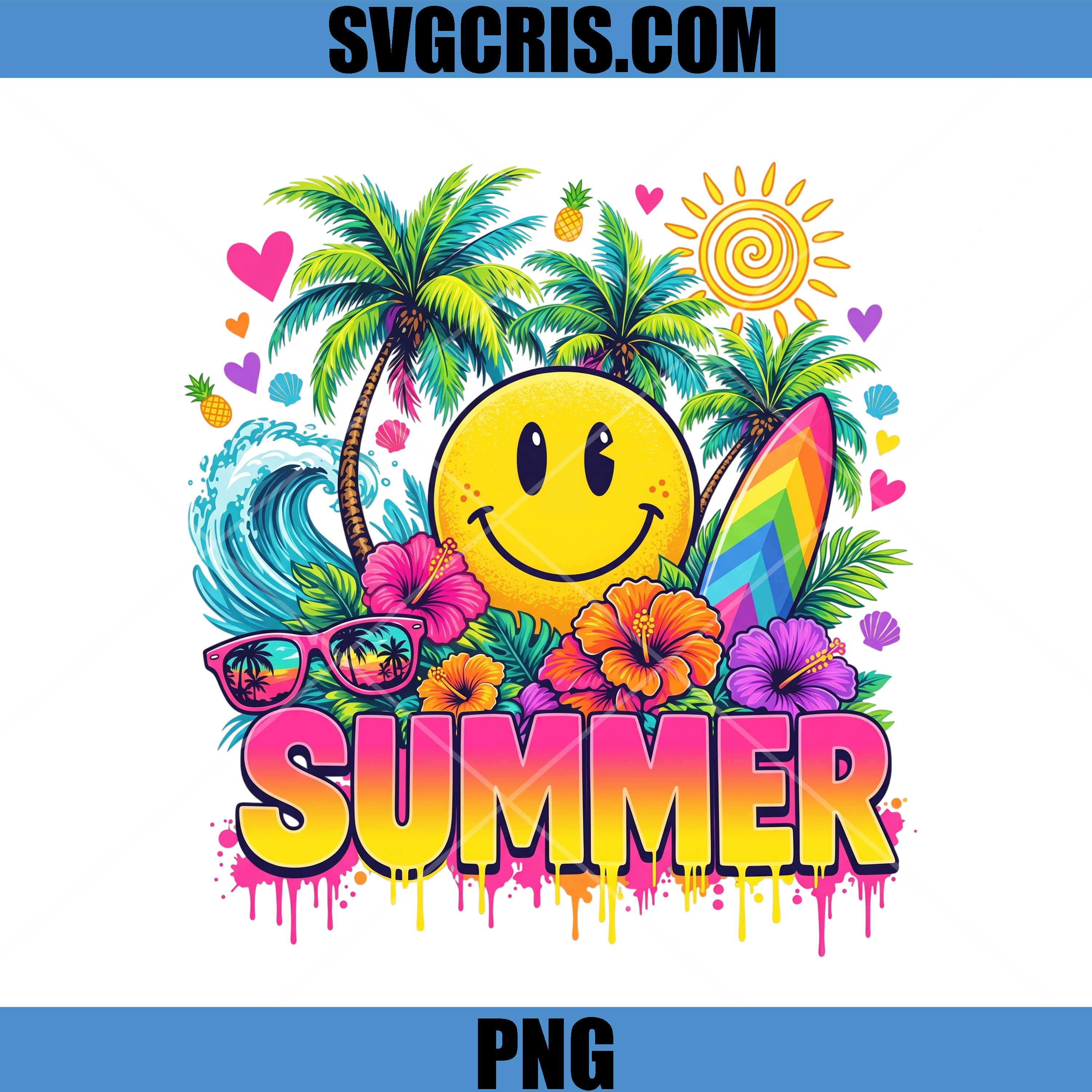 Summer Smiley Face PNG, Tropical Beach Vacation PNG