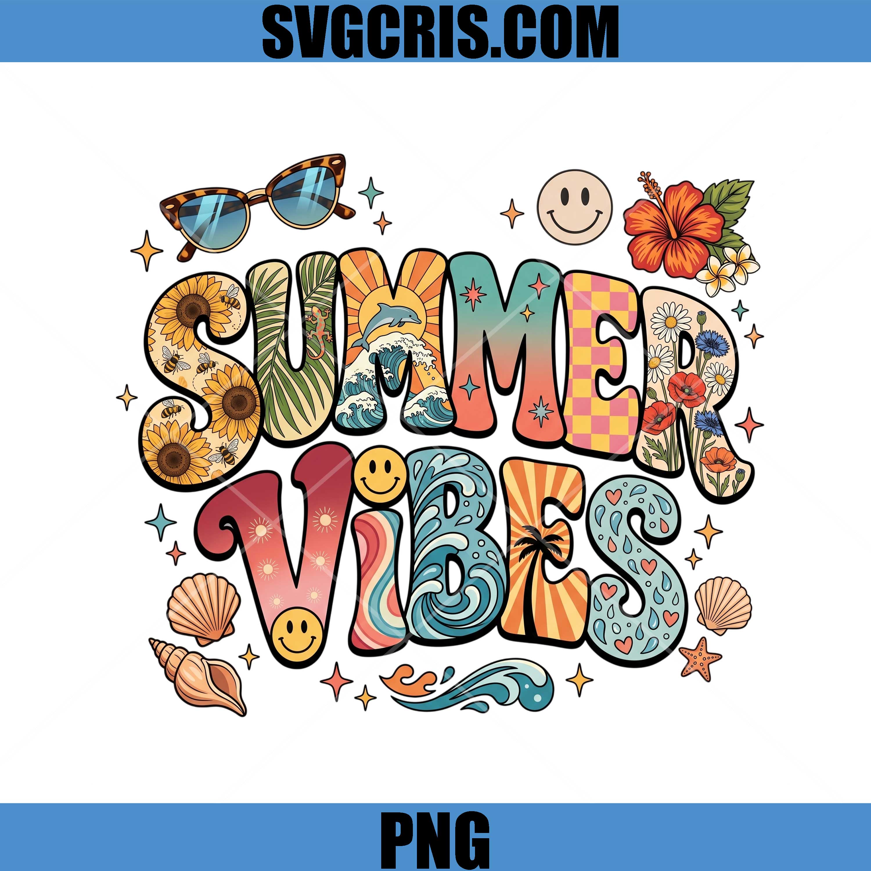 Summer Vibes Retro PNG, Colorful Beach Aesthetic PNG