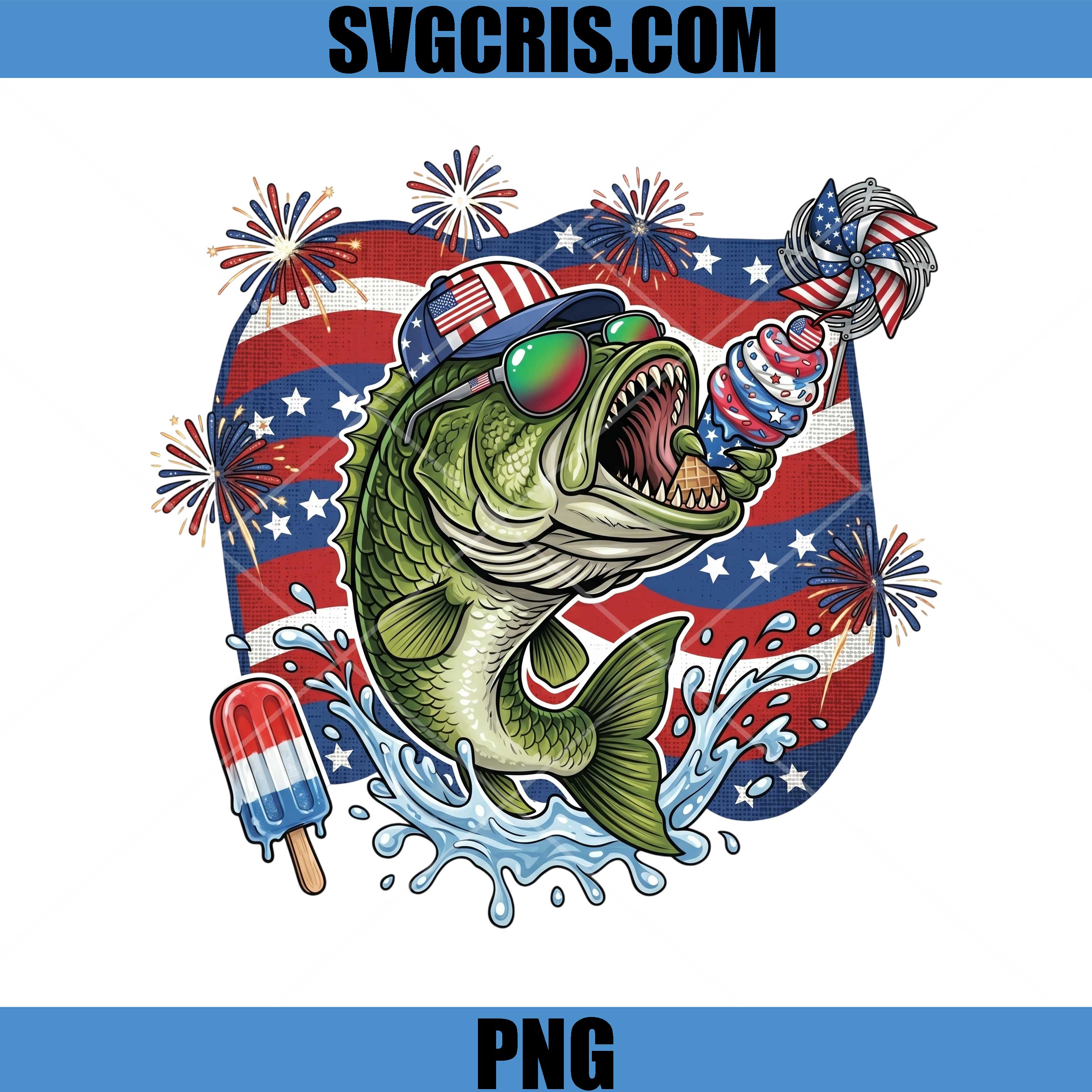 Patriotic Bass Fish Fireworks PNG, USA Flag Ice Cream PNG