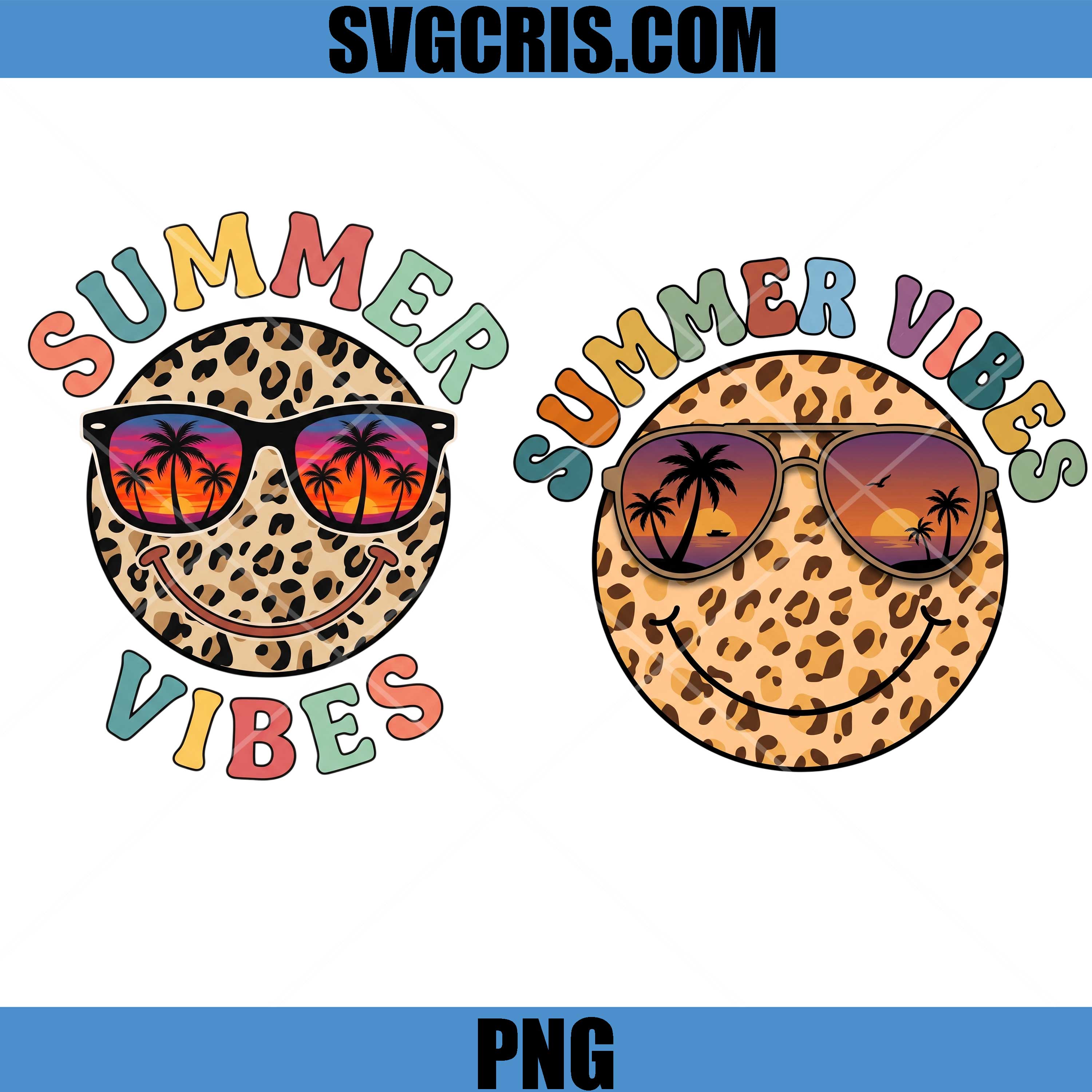 Summer Vibes Leopard Smile PNG Bundle, Cute Summer Face PNG