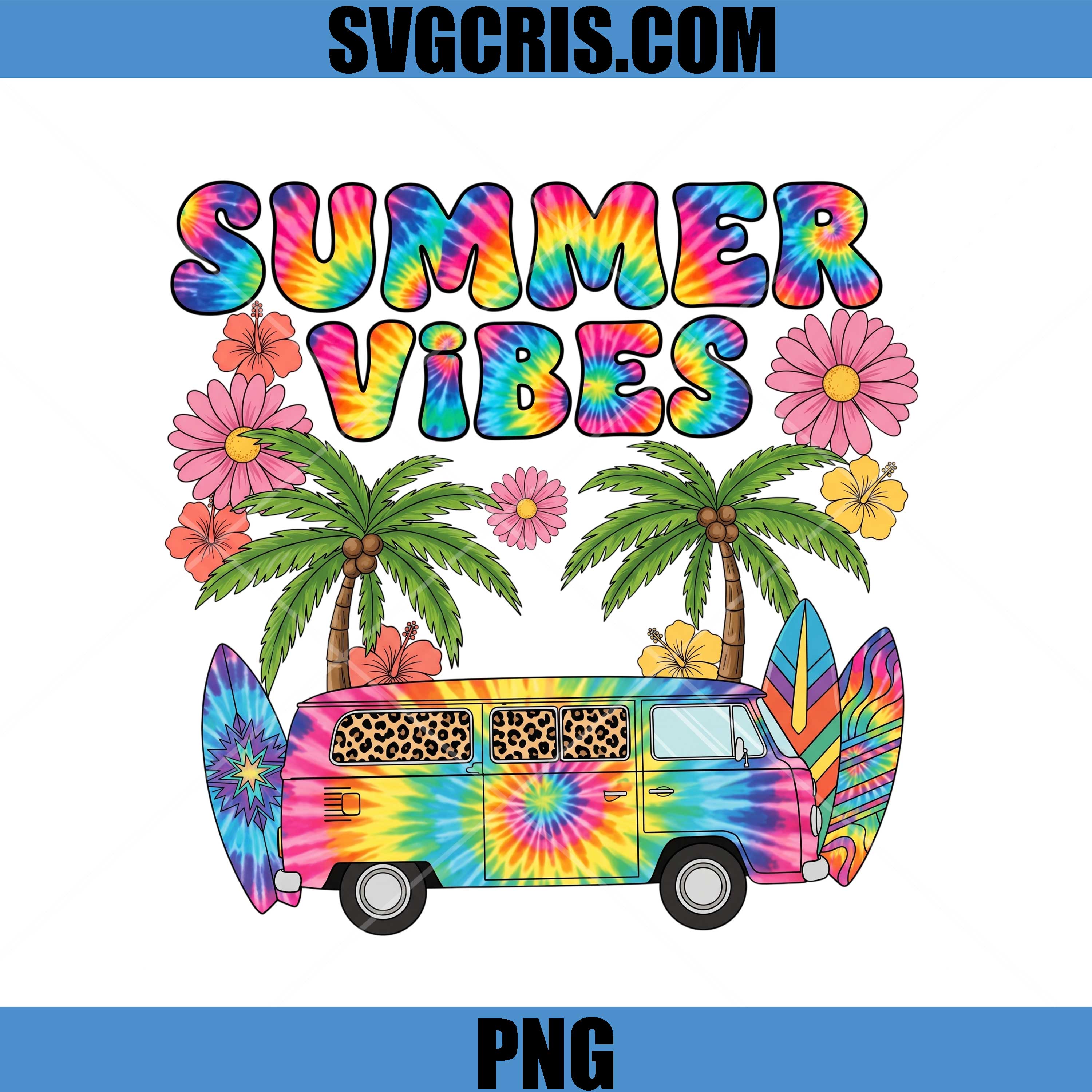 Summer Vibes Tie Dye Van PNG, Tropical Surf Beach PNG
