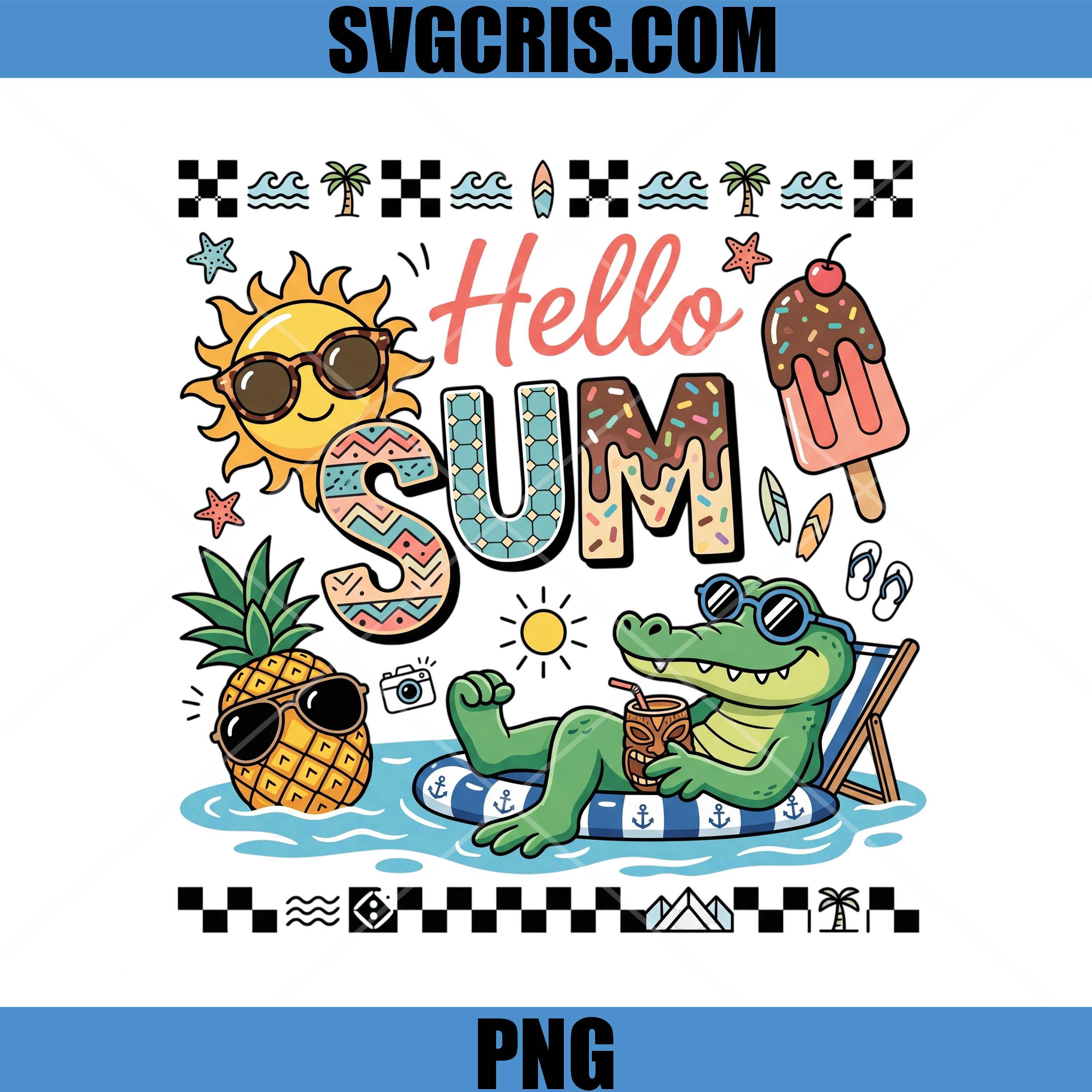 Hello Summer Sunshine Vibes PNG, Cute Alligator Beach Fun PNG