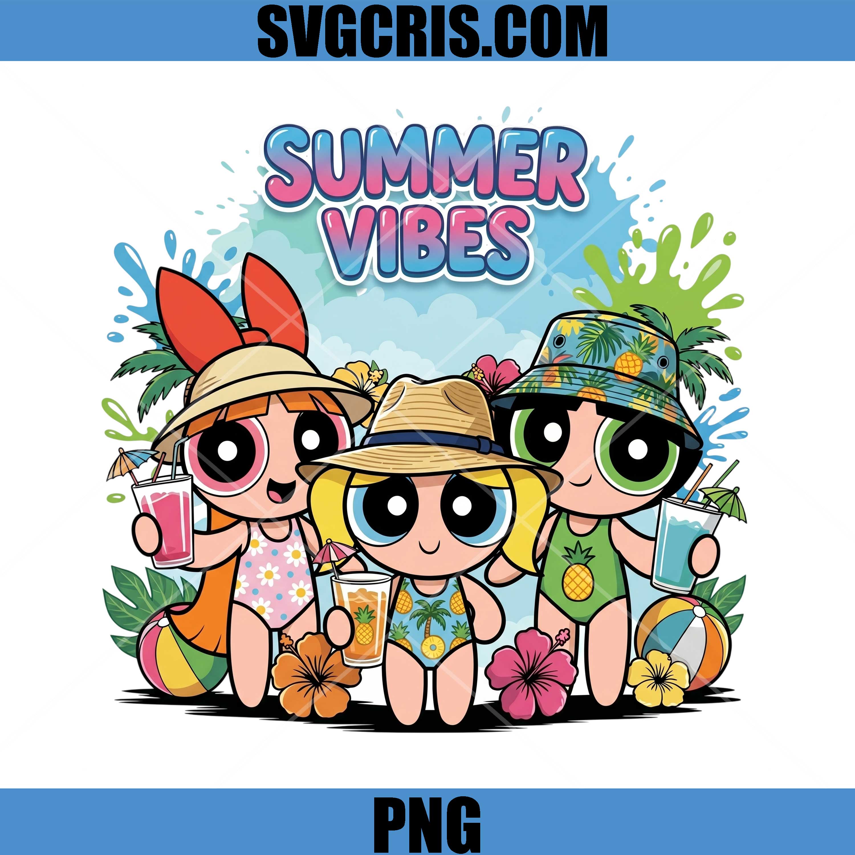 Summer Vibes Powerpuff Girls PNG, Tropical Beach Vacation PNG
