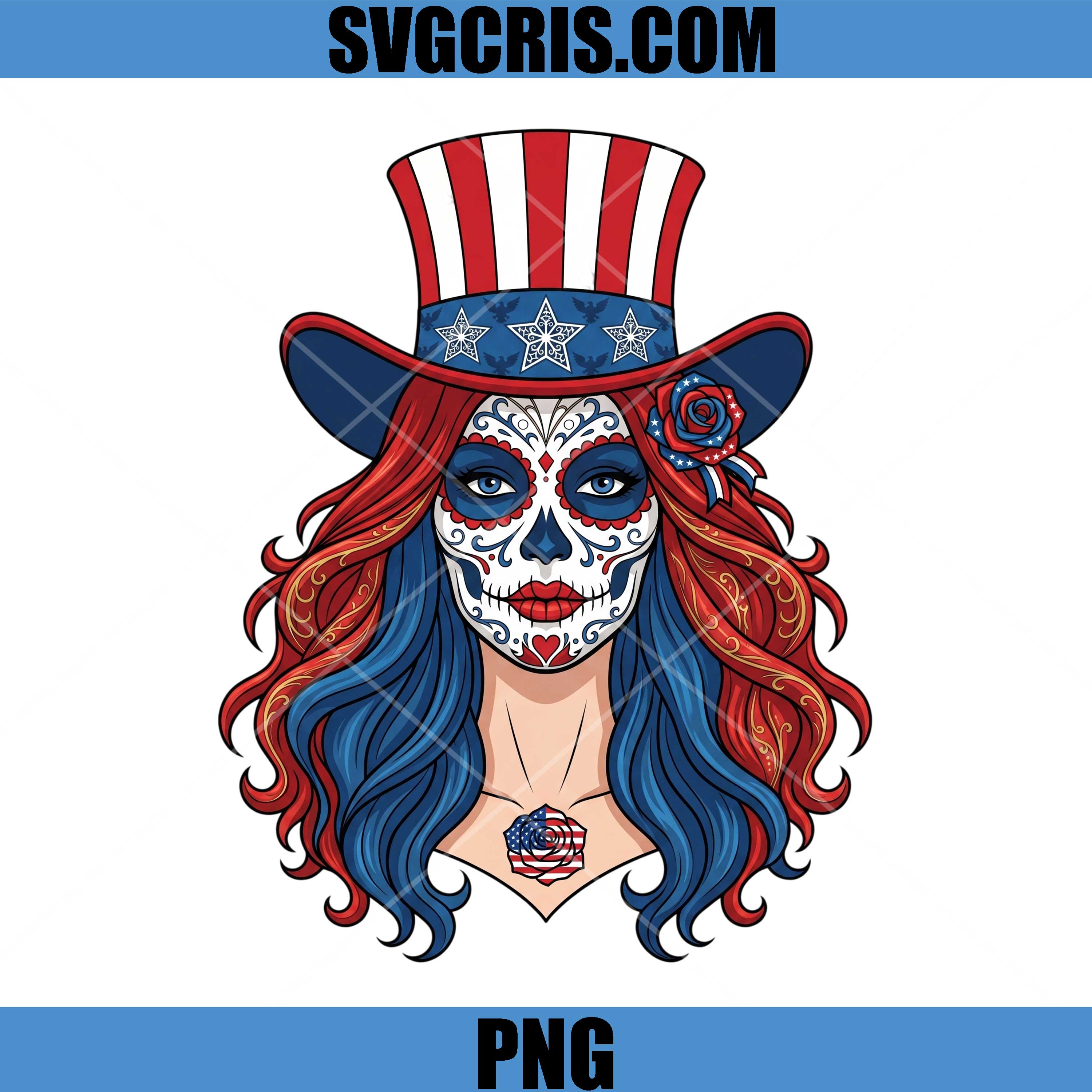 Fourth Of July Sugar Skull PNG, Red White Blue Lady PNG