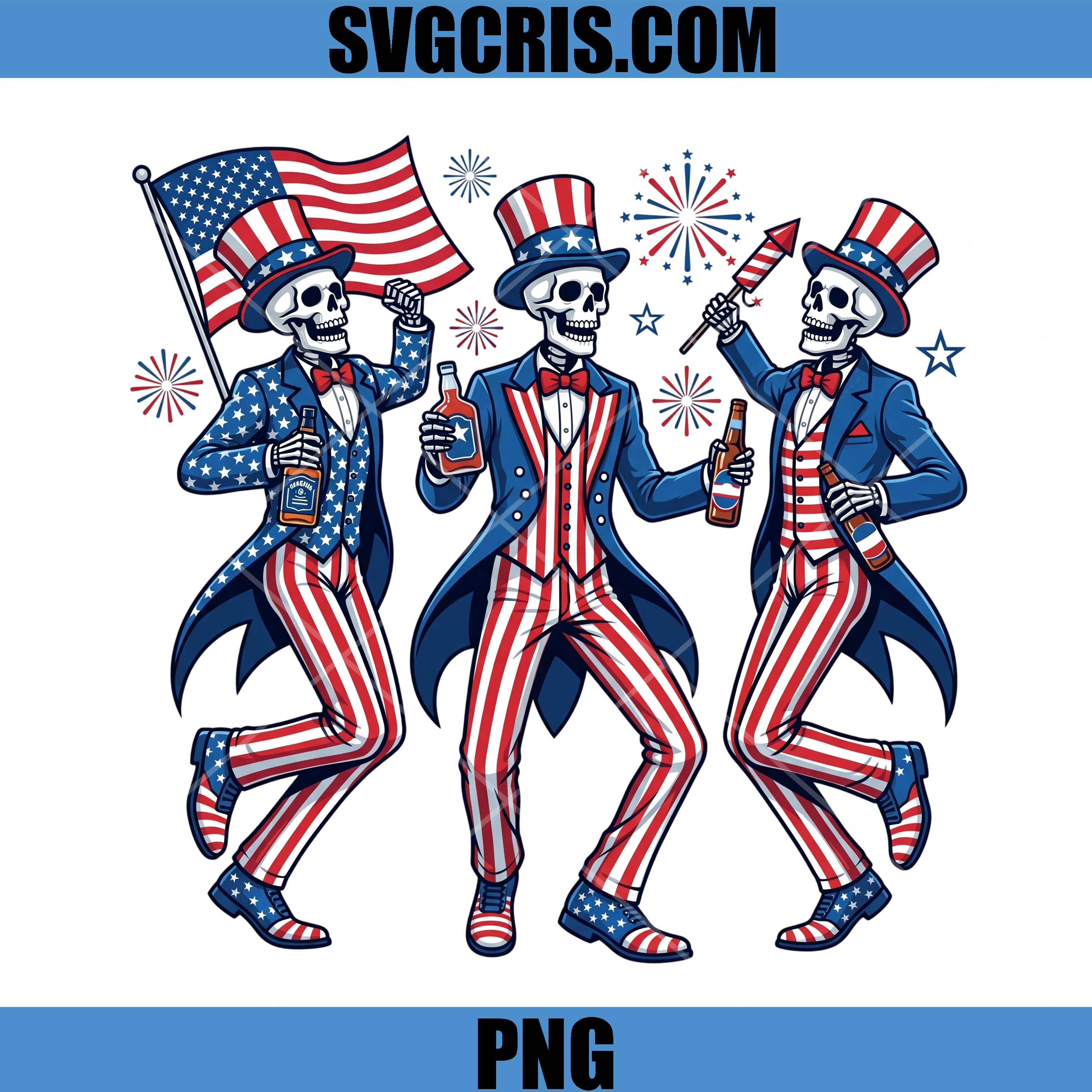 Patriotic Dancing 4th July Skeletons PNG, Uncle Sam Party Skeleton PNG