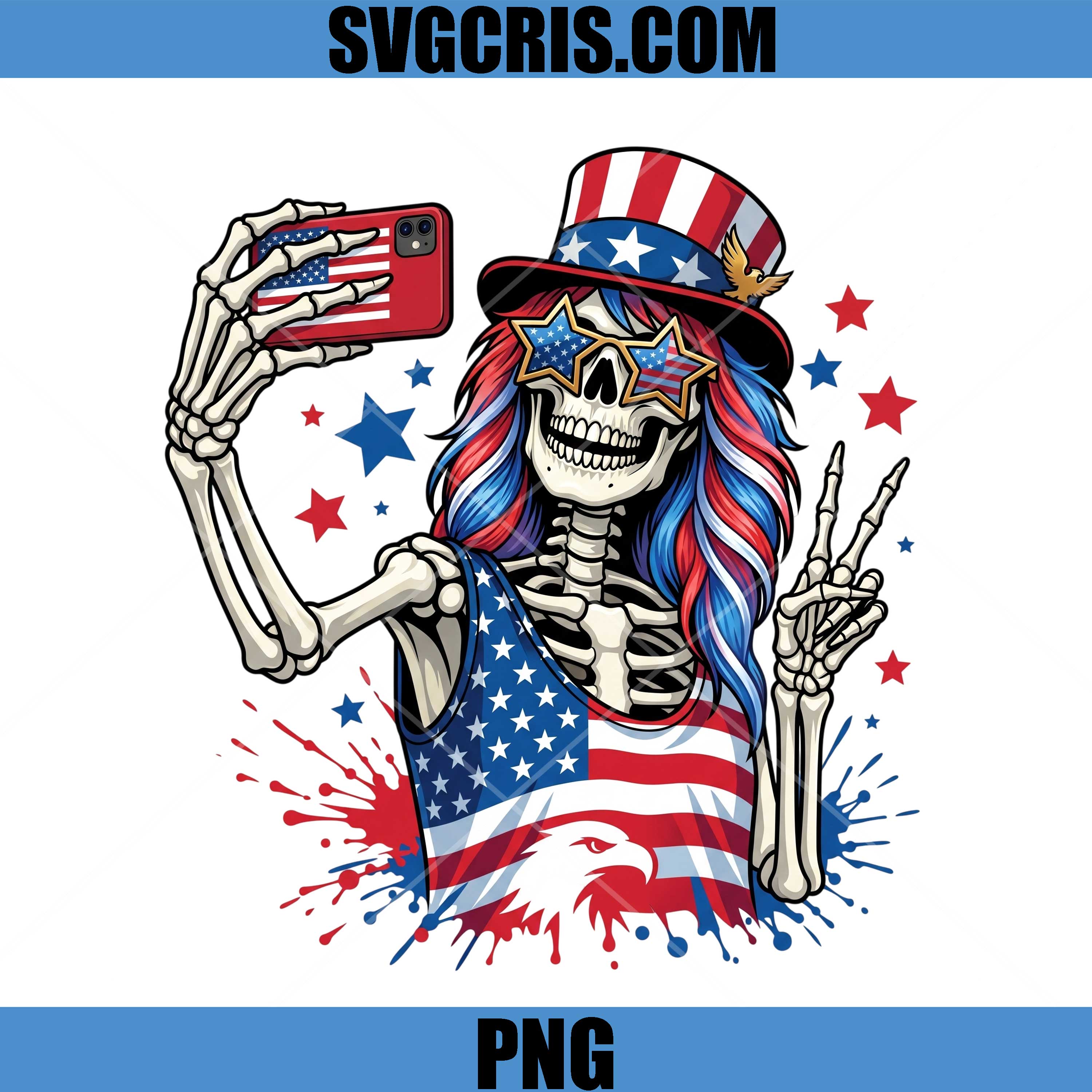 USA Skeleton Taking Selfie PNG, Fourth Of July PNG