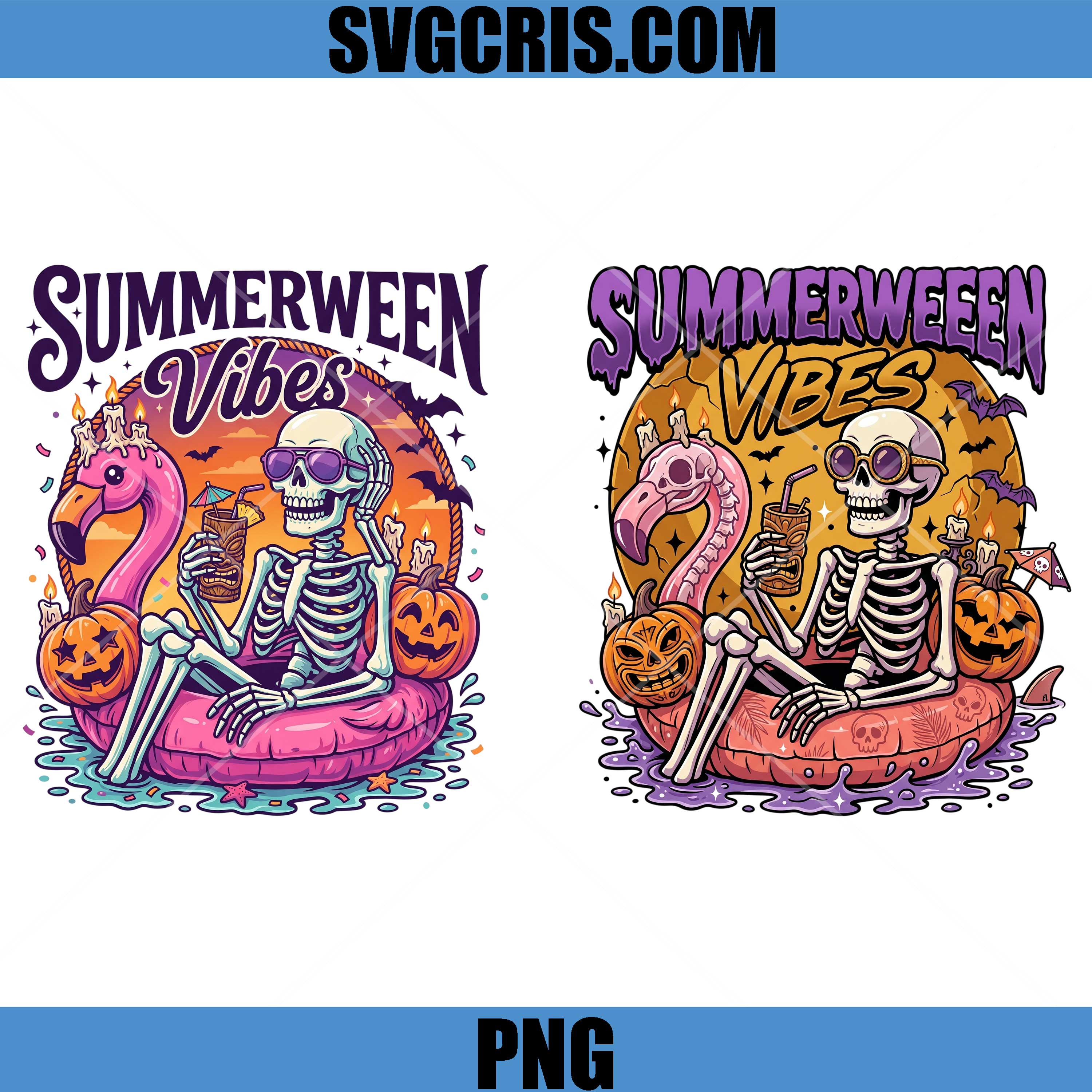 Summerween Vibes Skeleton PNG Bundle, Flamingo Summer Halloween Float PNG