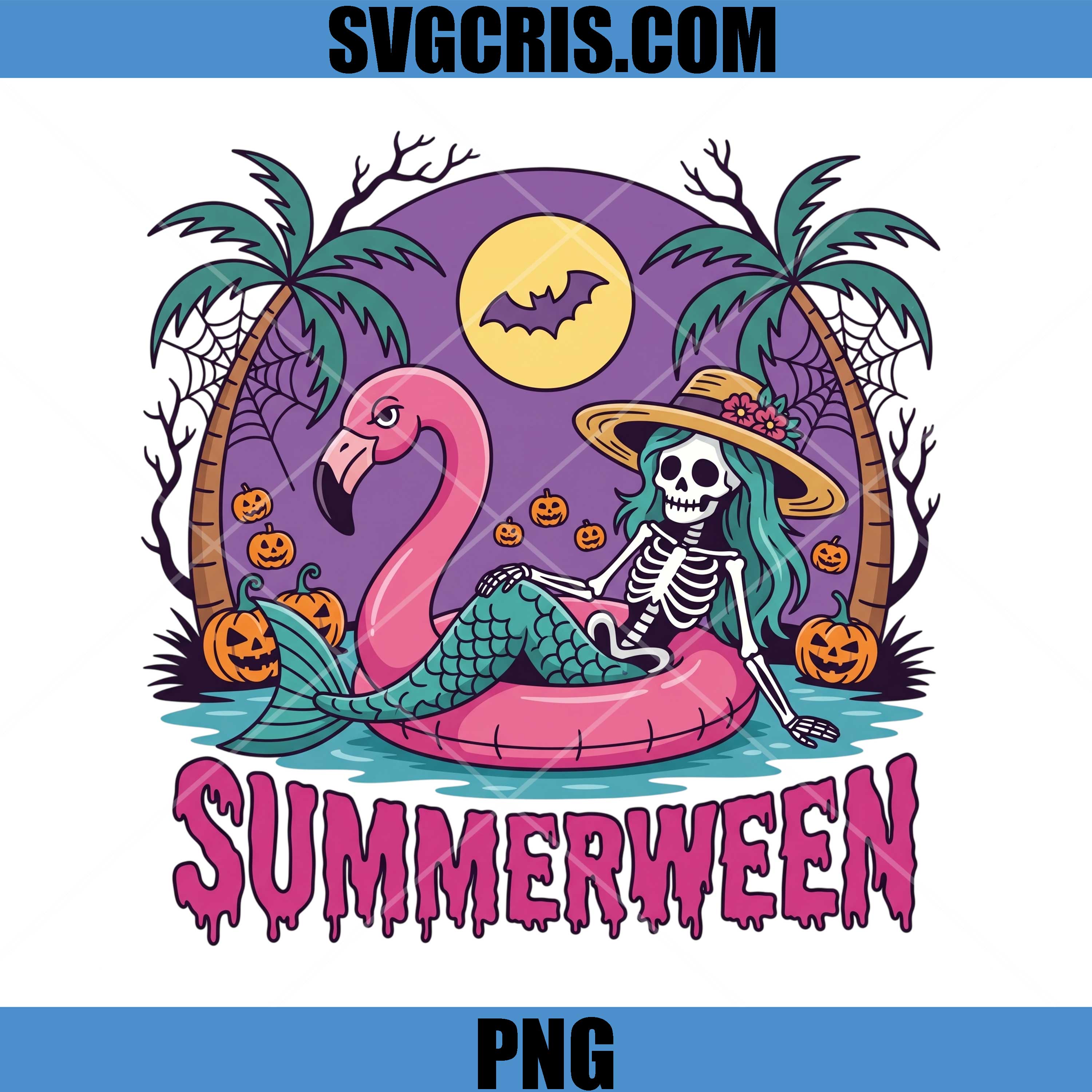 Summerween Skeleton Mermaid PNG, Flamingo Float Halloween PNG