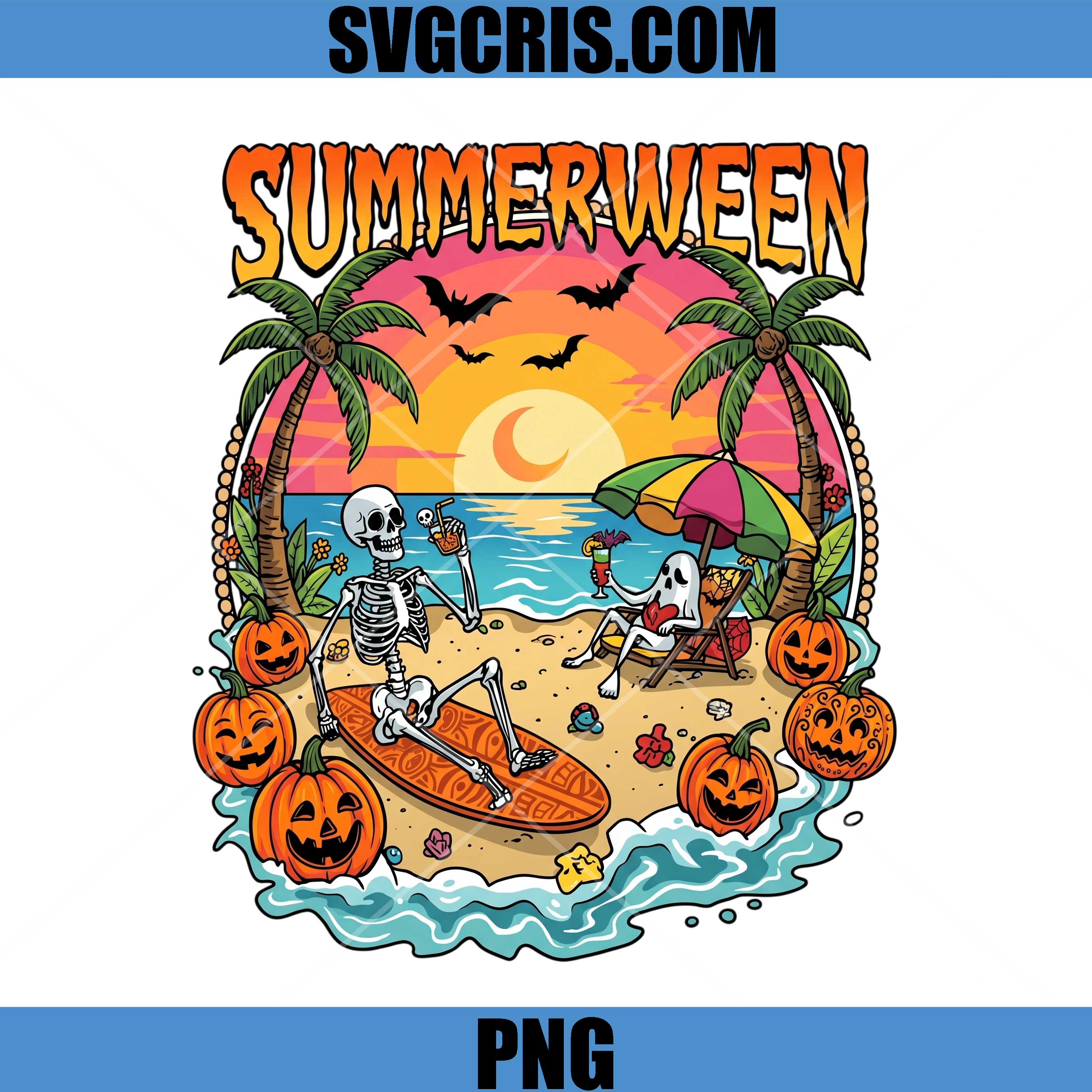 Summerween Surfing Skeleton PNG, Pumpkin Beach Party PNG