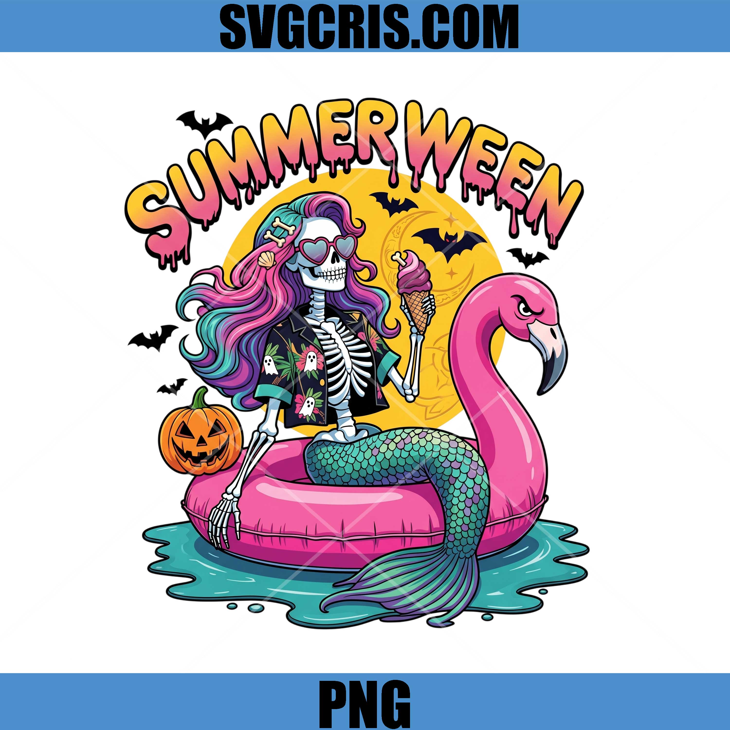 Summerween Mermaid Vibes PNG, Spooky Flamingo Float PNG