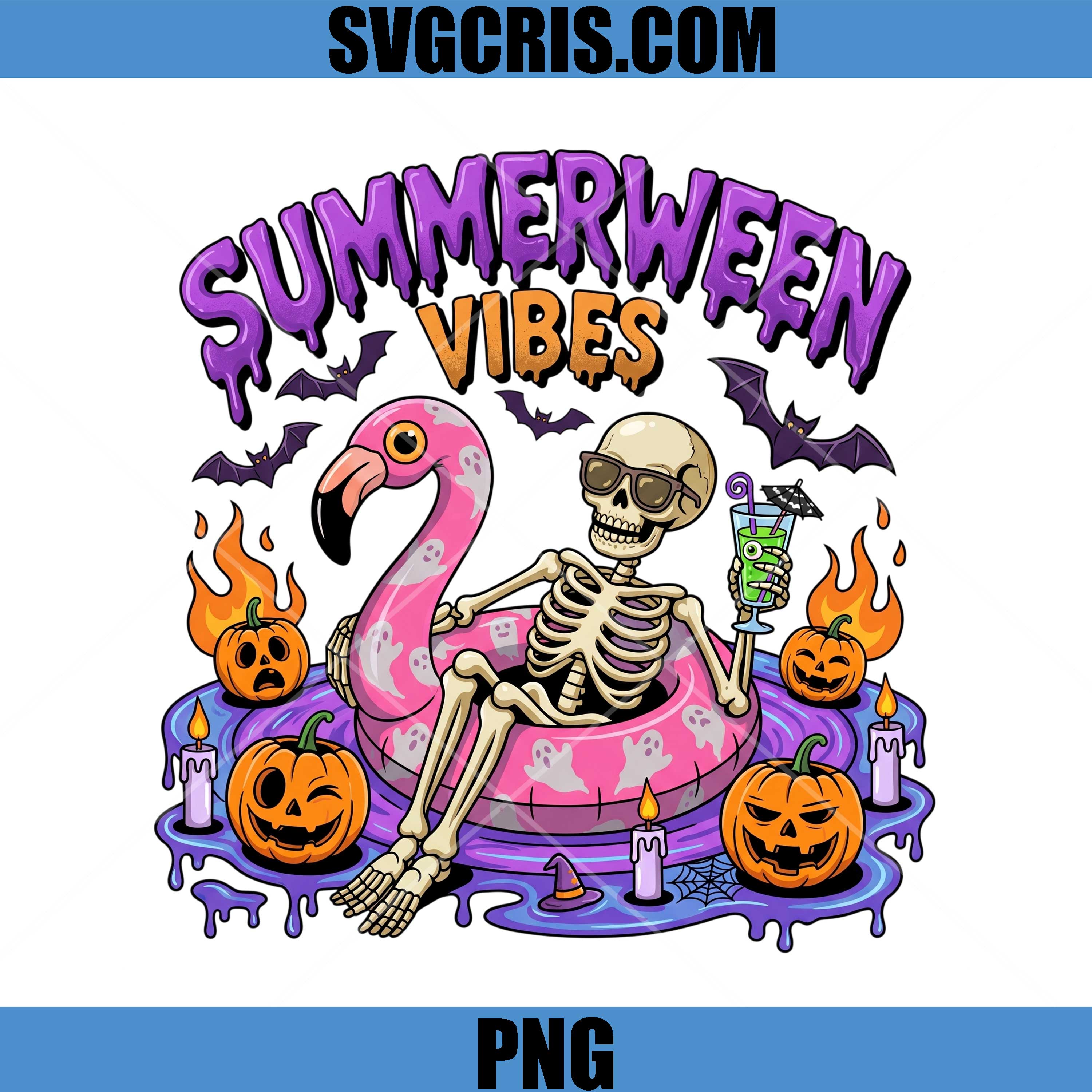 Summerween Vibes Skeleton Dring PNG, Flamingo Halloween Vibes Float PNG