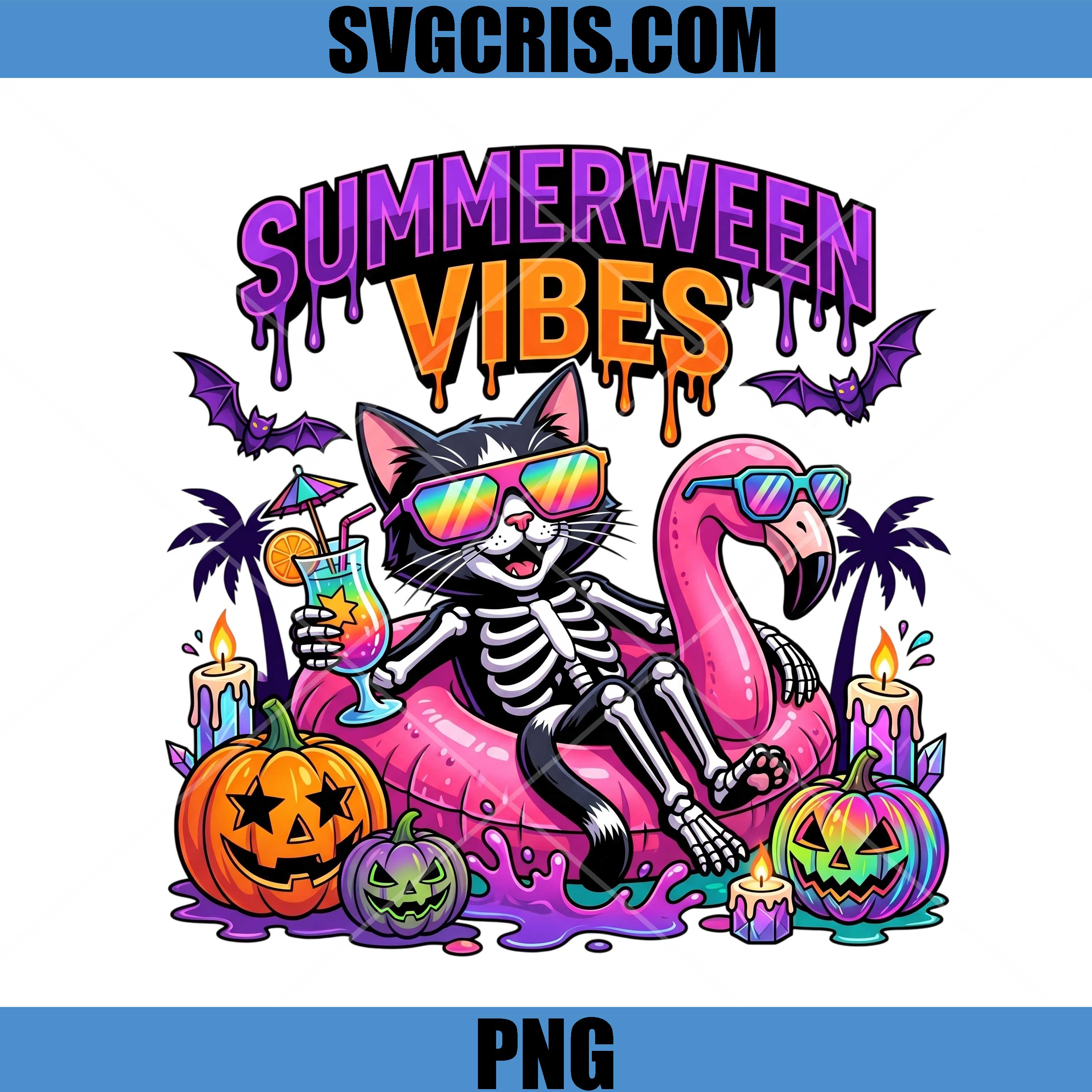 Summerween Vibes Cat PNG, Skeleton Cat Flamingo Float PNG