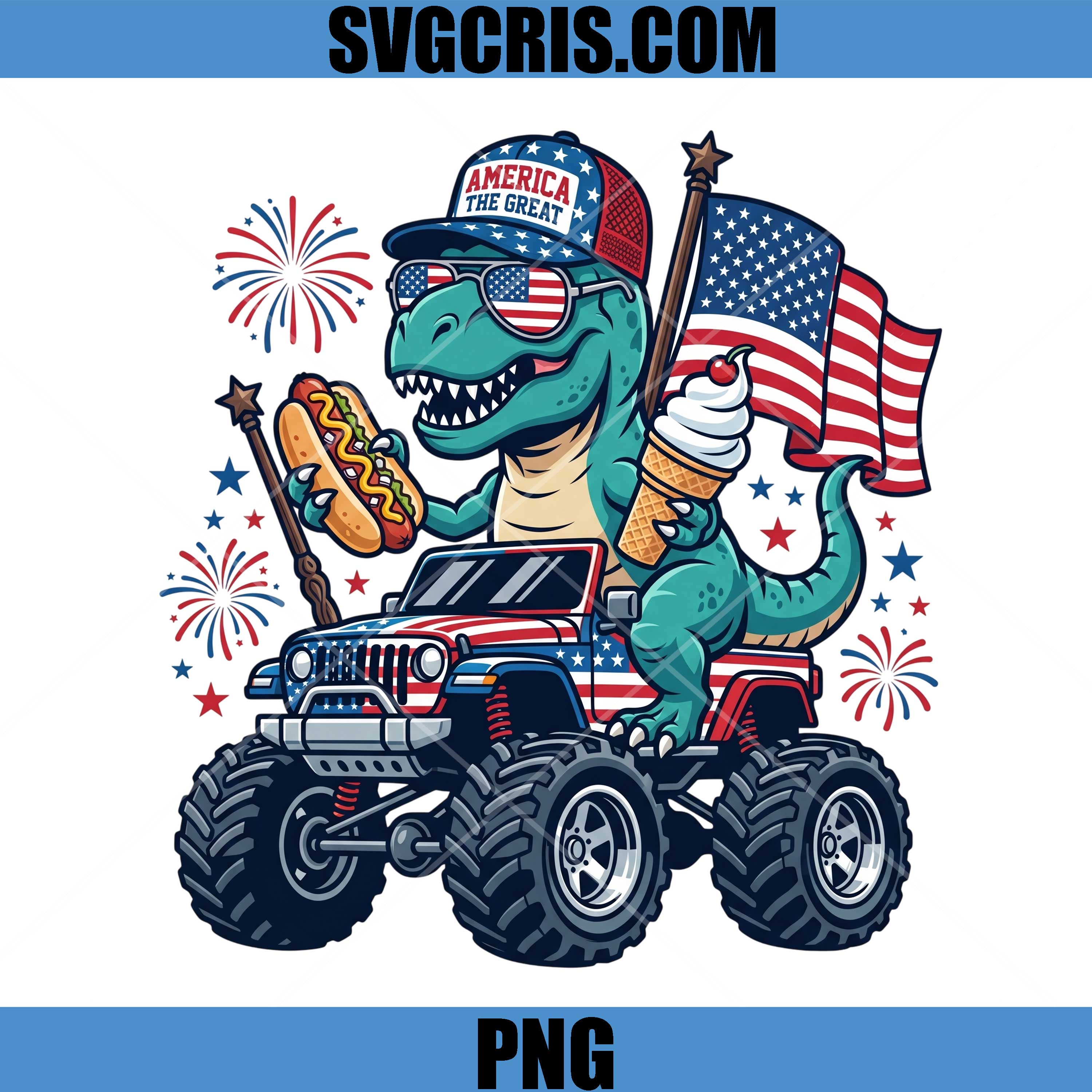 Patriotic T Rex Monster Truck PNG, America The Great Dino PNG