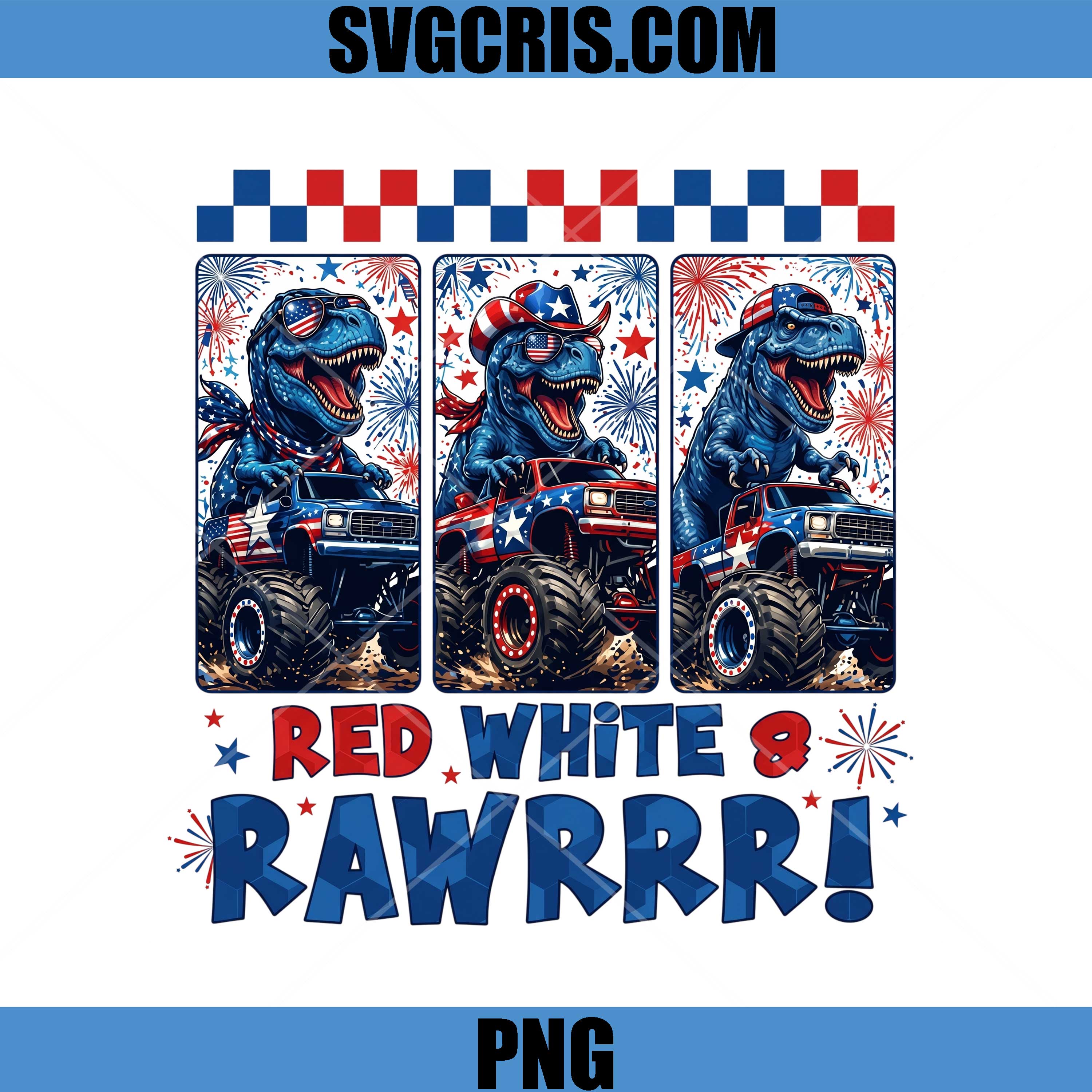 Red White And Rawrr Dinosaur Truck PNG, Patriotic T Rex PNG