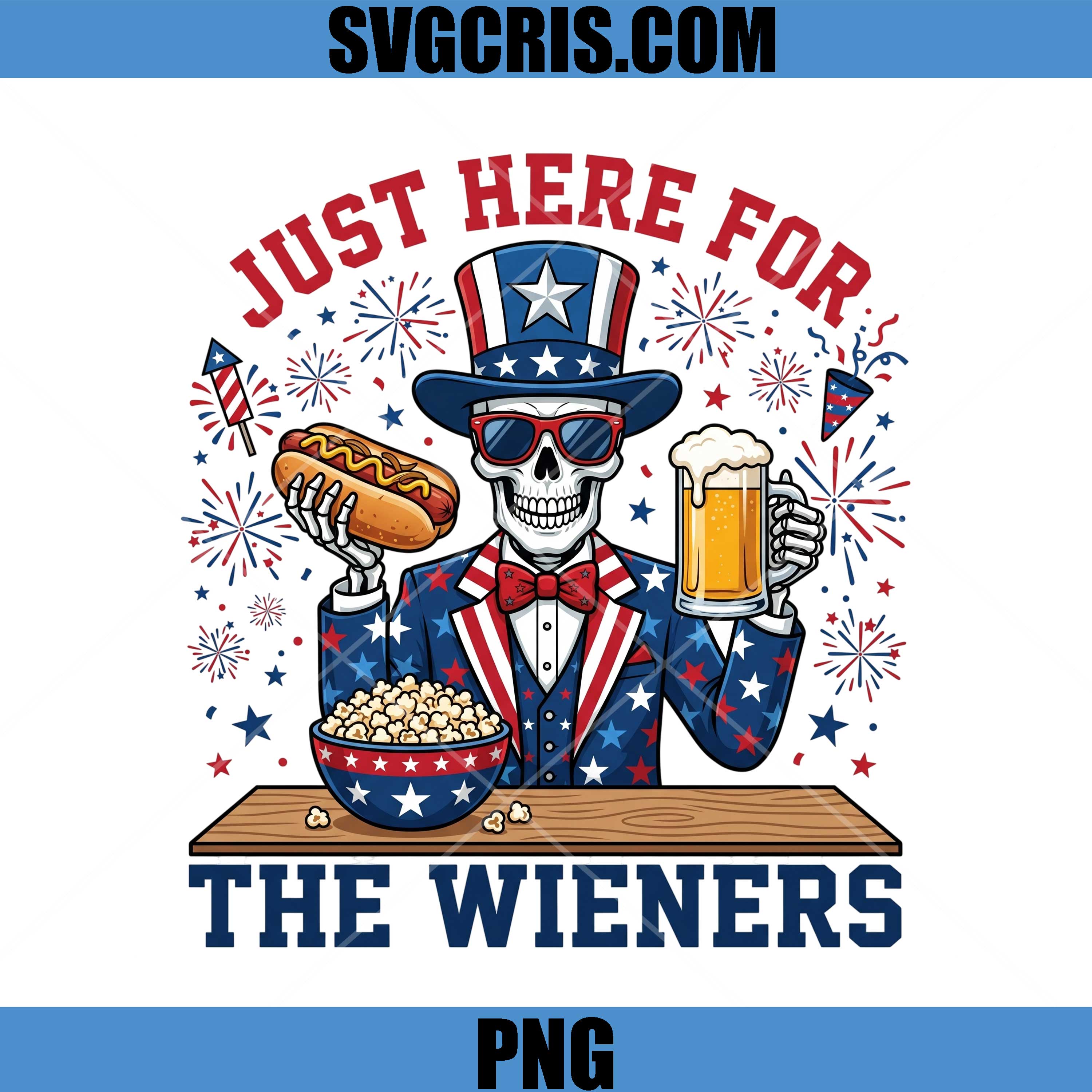 Just Here For The Wieners PNG, Patriotic Skull Hotdog PNG
