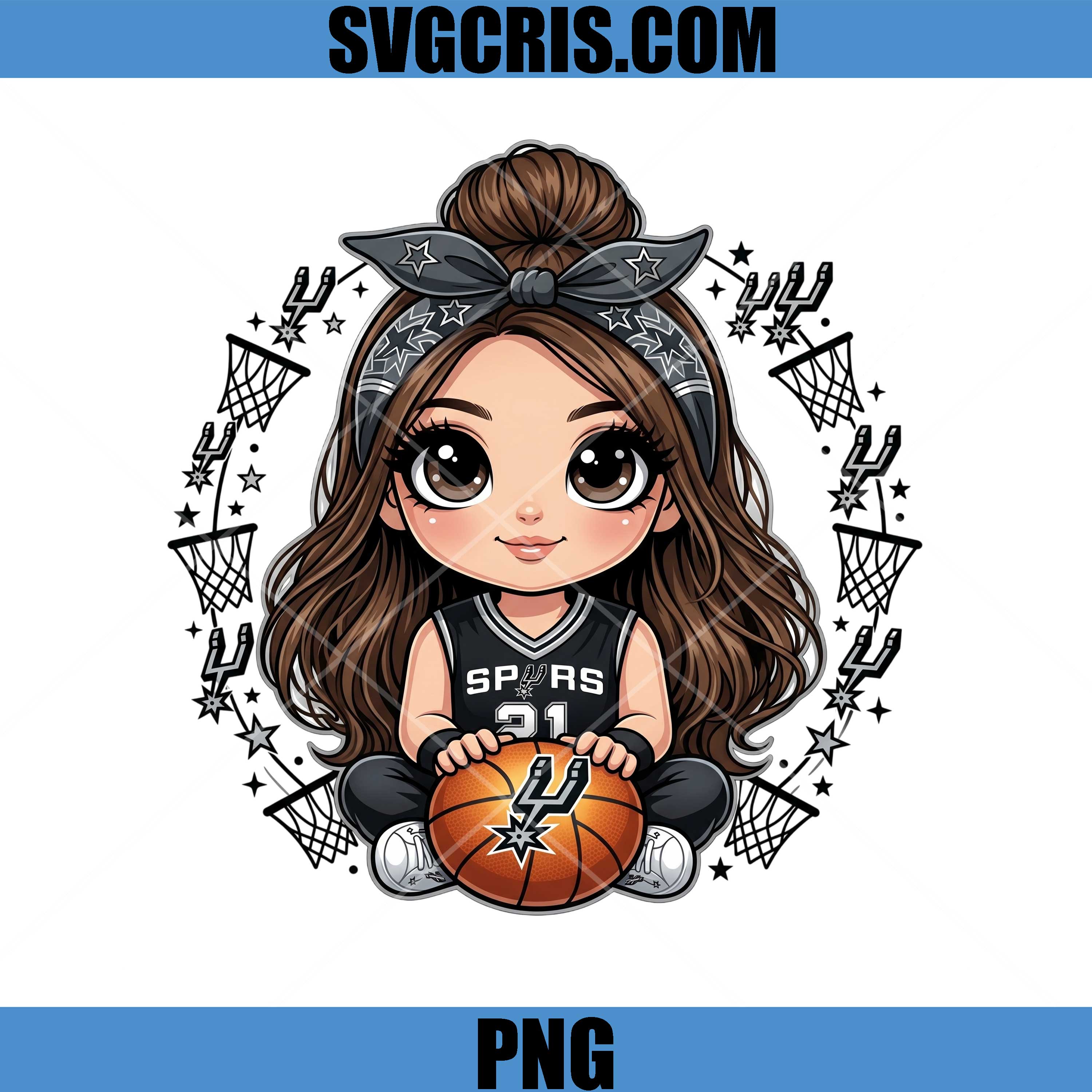 Cute Spurs Girl Chibi Basketball Design PNG, San Antonio Fan Art PNG