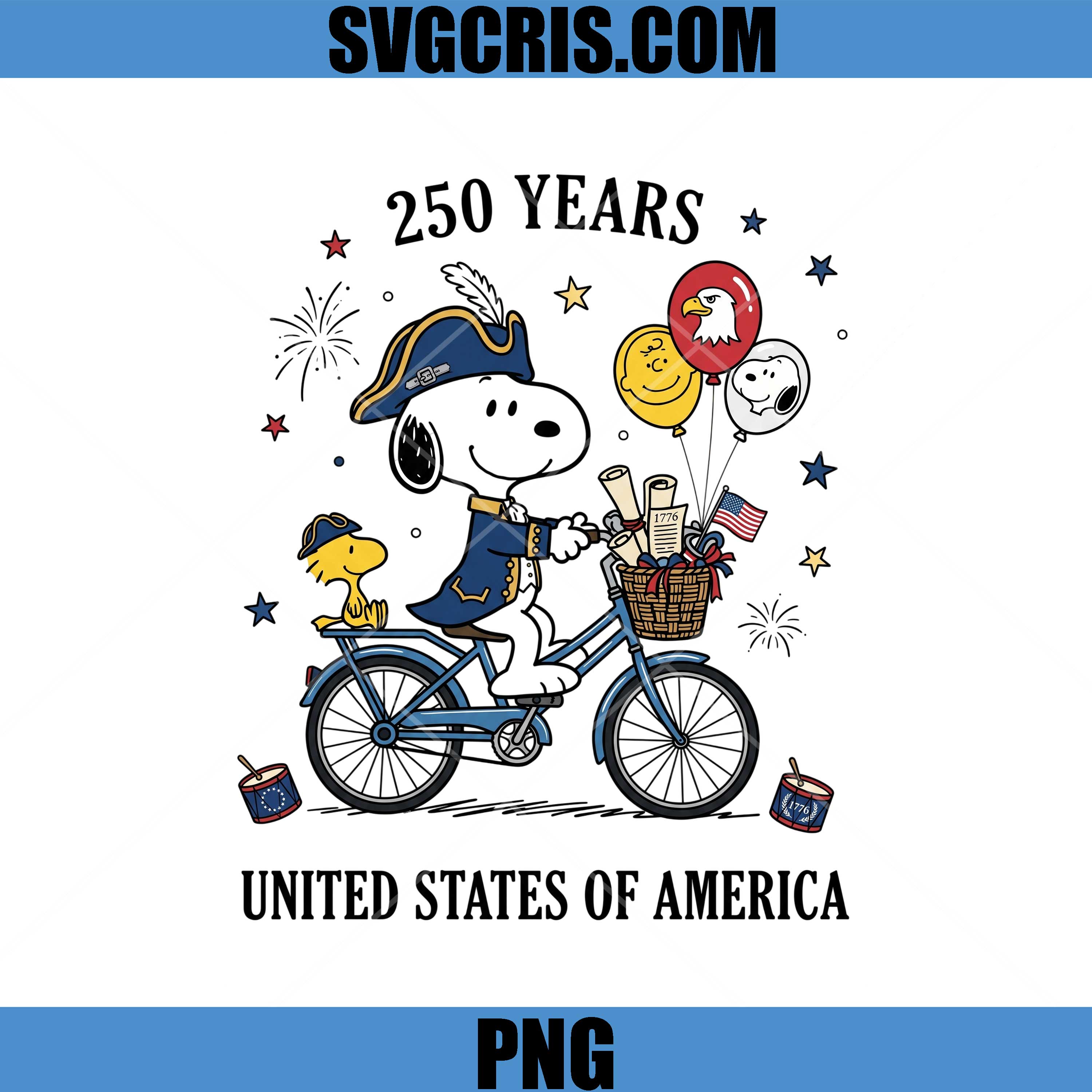 Snoopy 250 Years America PNG, Patriotic Bicycle Celebration PNG