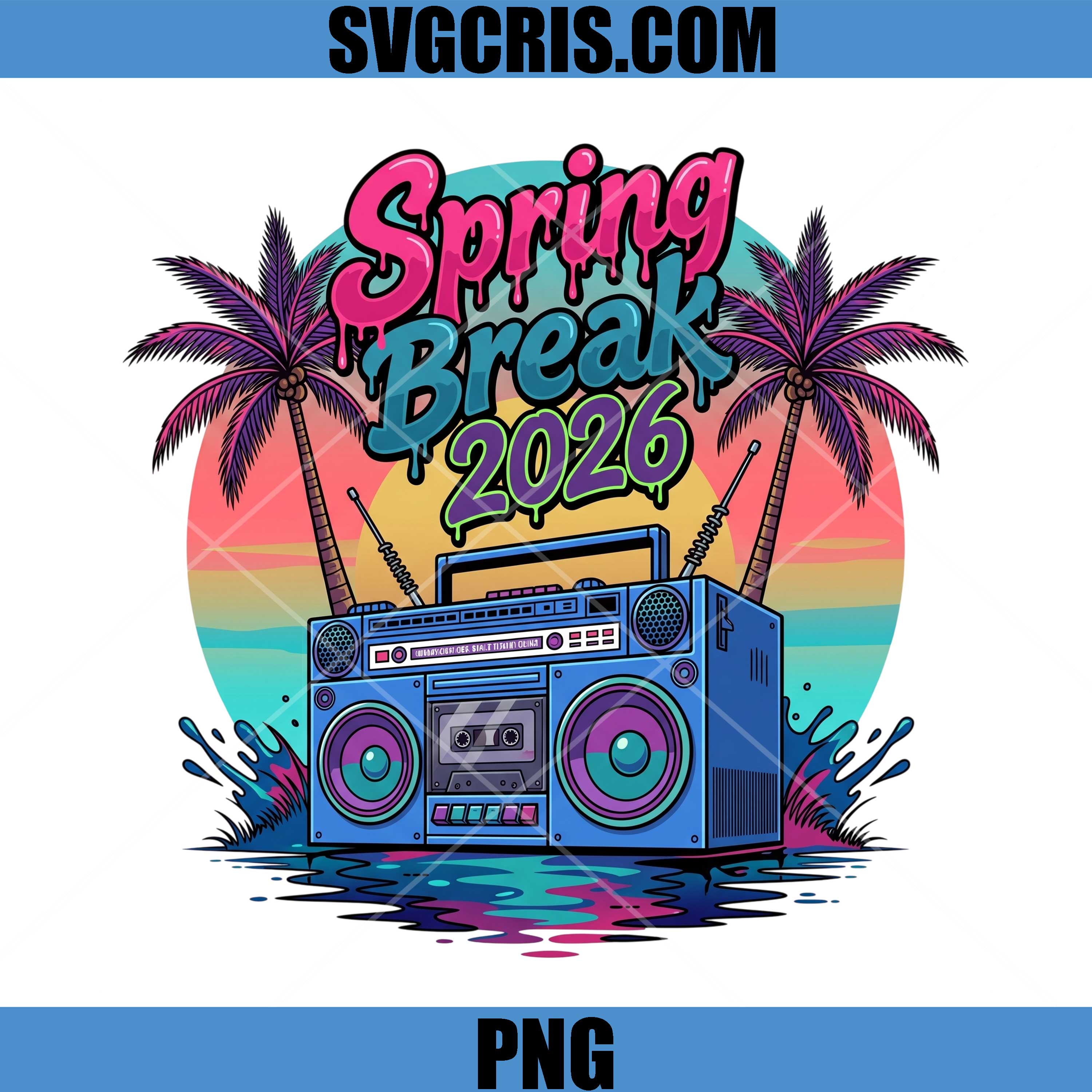 Spring Break 2026 PNG, Retro Boombox Beach PNG