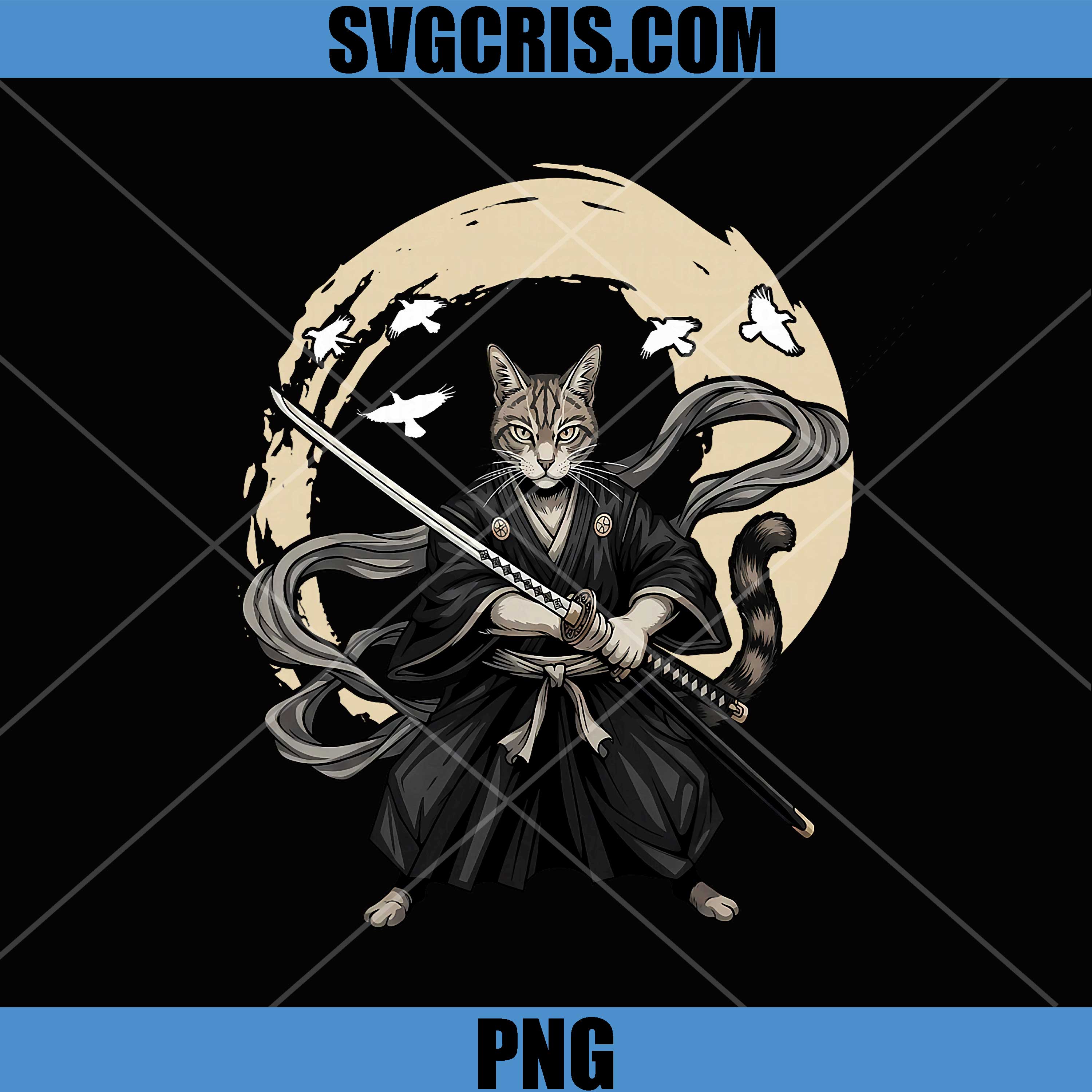 Samurai Cat Japanese Art PNG, Warrior Bushido Katana PNG